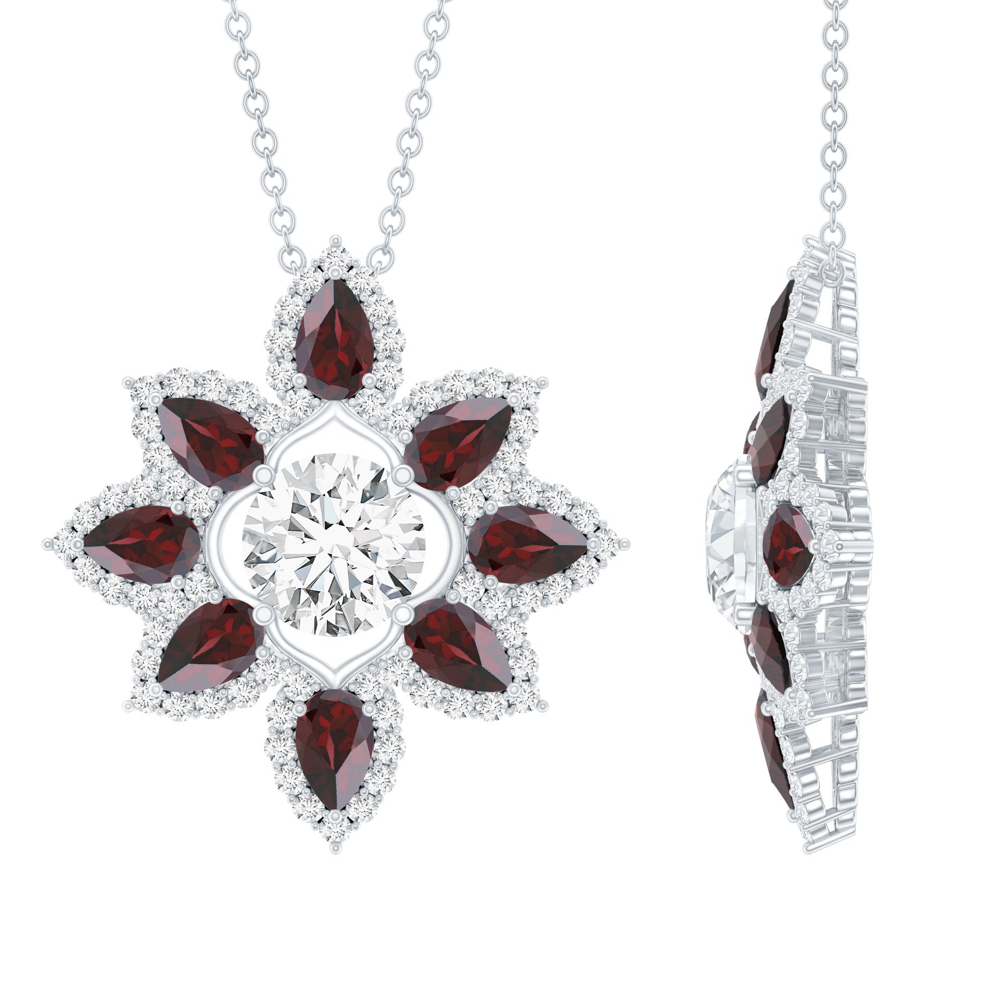 Certified Moissanite and Garnet Flower Pendant D-VS1 - Rosec Jewels