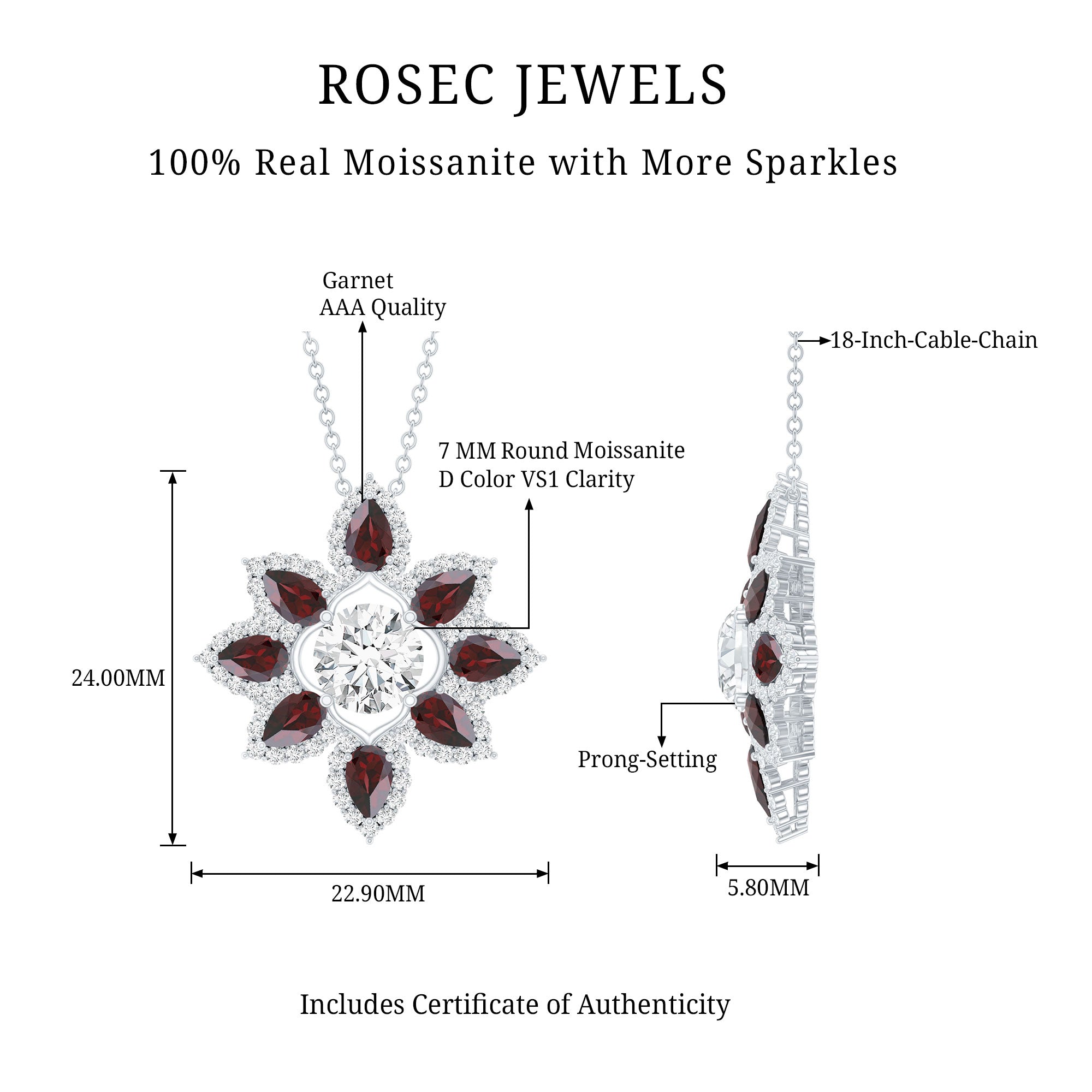 Certified Moissanite and Garnet Flower Pendant D-VS1 - Rosec Jewels