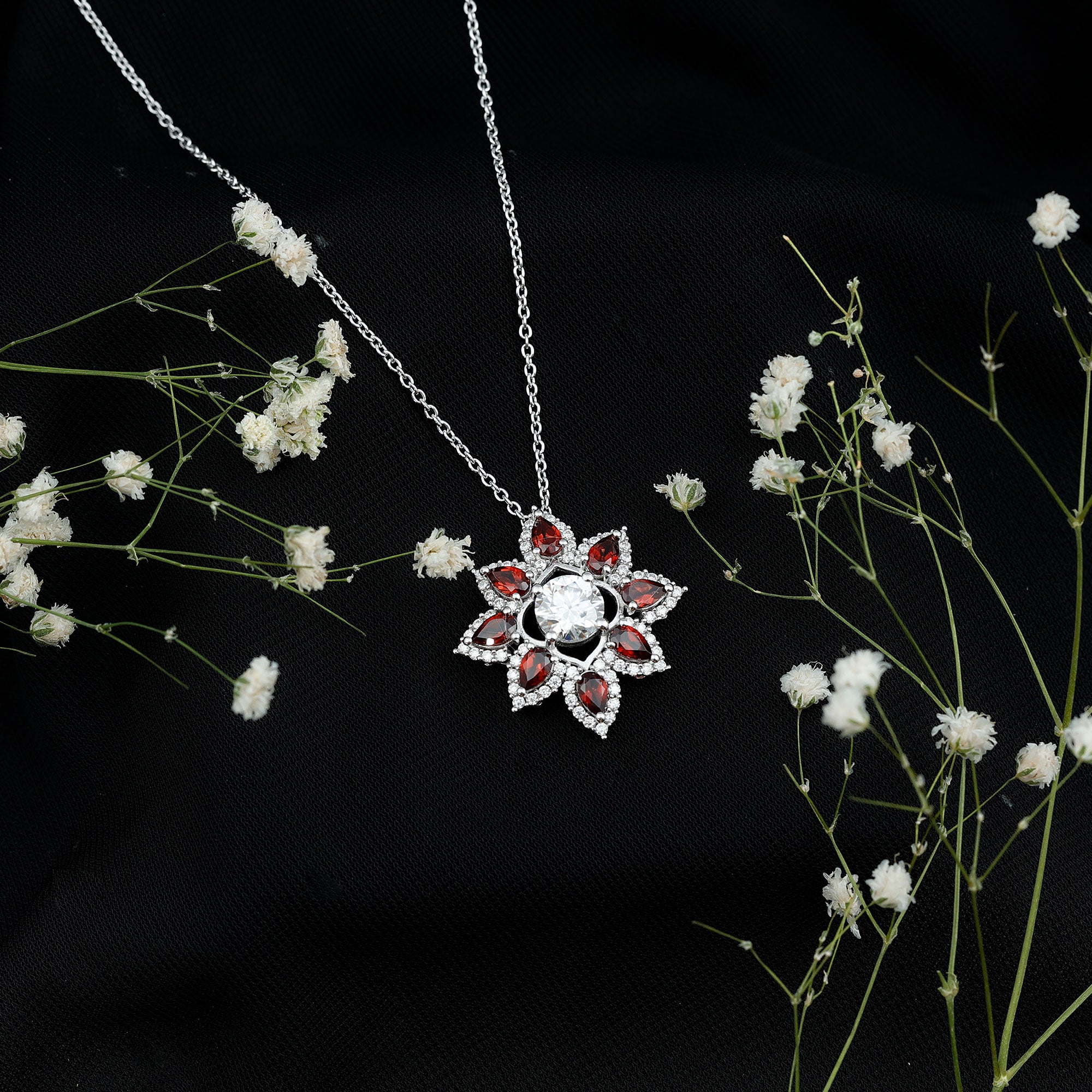 Certified Moissanite and Garnet Flower Pendant D-VS1 - Rosec Jewels