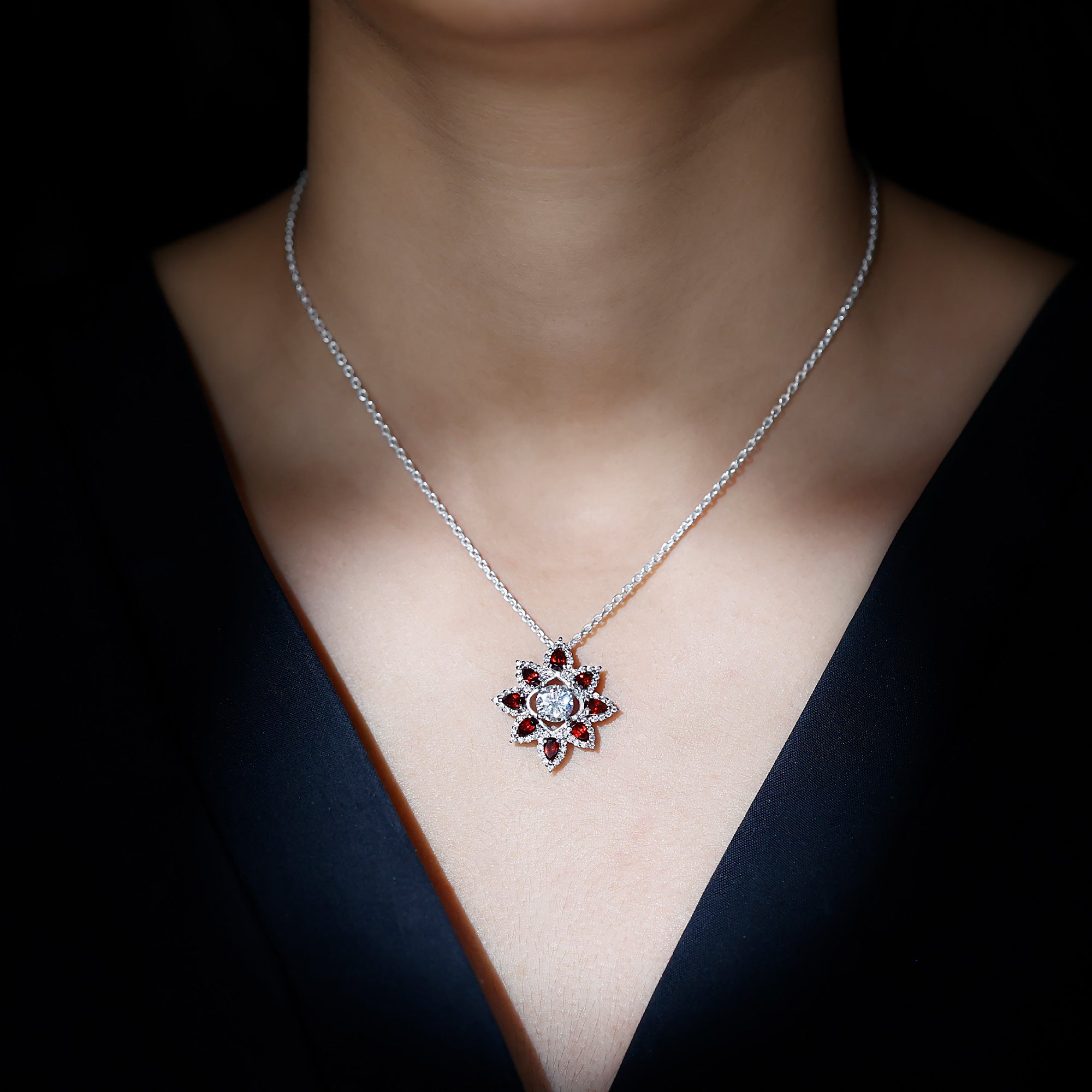 Certified Moissanite and Garnet Flower Pendant D-VS1 - Rosec Jewels