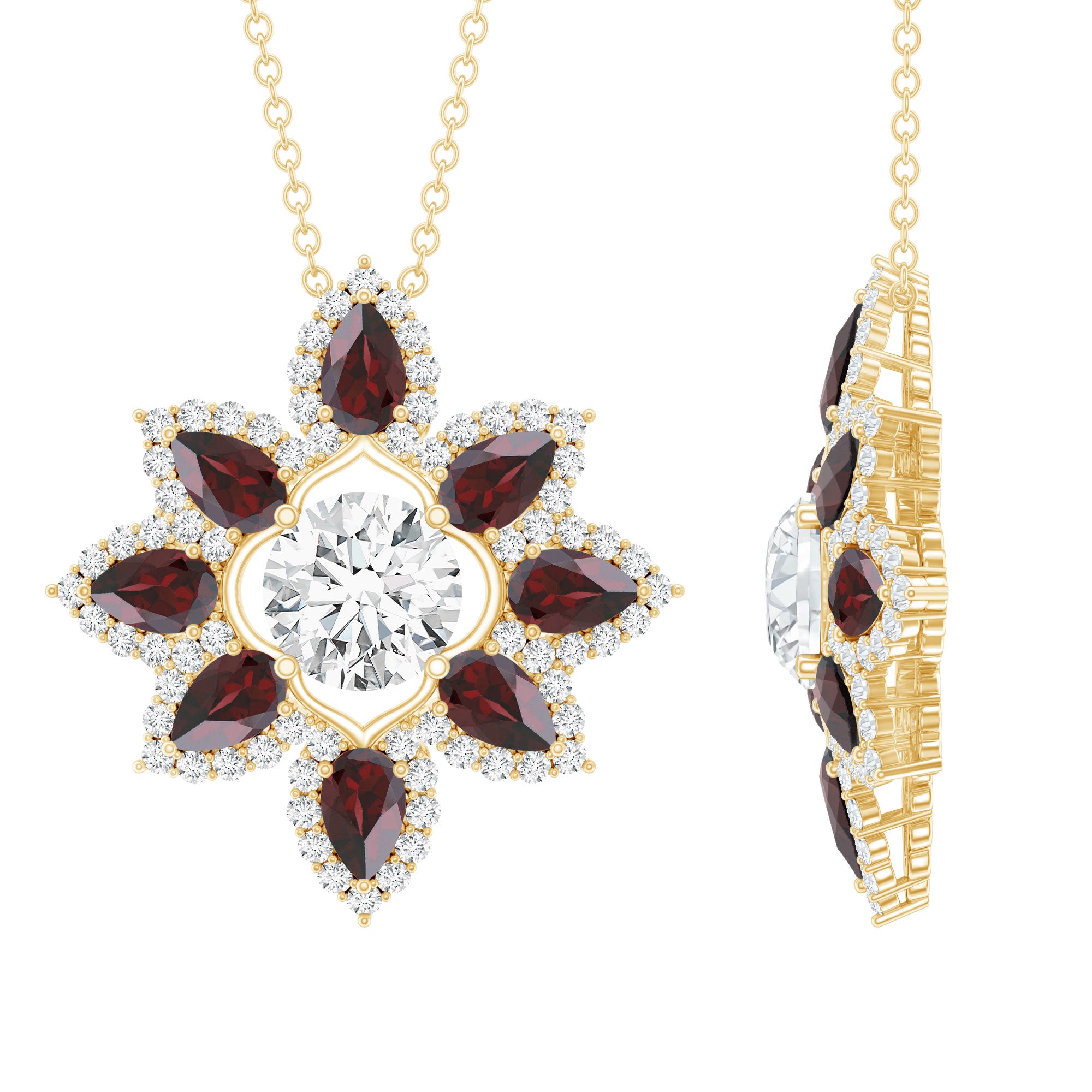 Certified Moissanite and Garnet Flower Pendant D-VS1 - Rosec Jewels