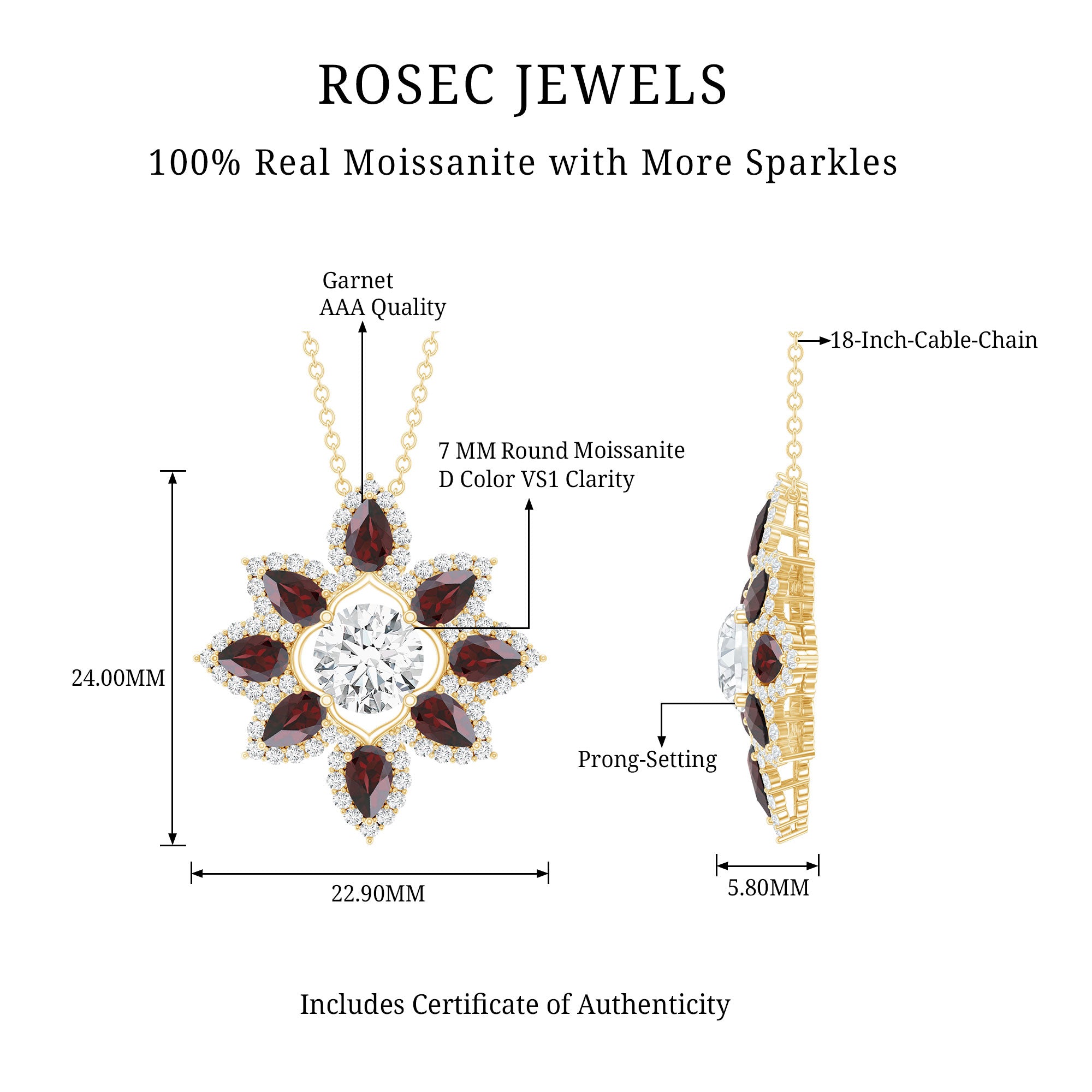 Certified Moissanite and Garnet Flower Pendant D-VS1 - Rosec Jewels