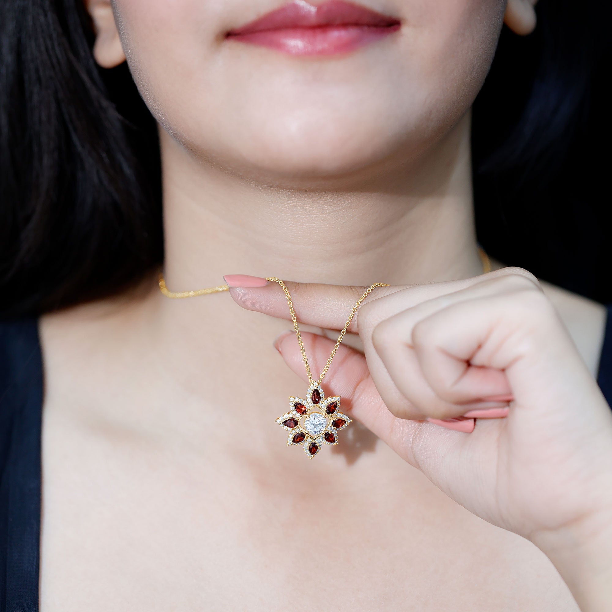 Certified Moissanite and Garnet Flower Pendant D-VS1 - Rosec Jewels