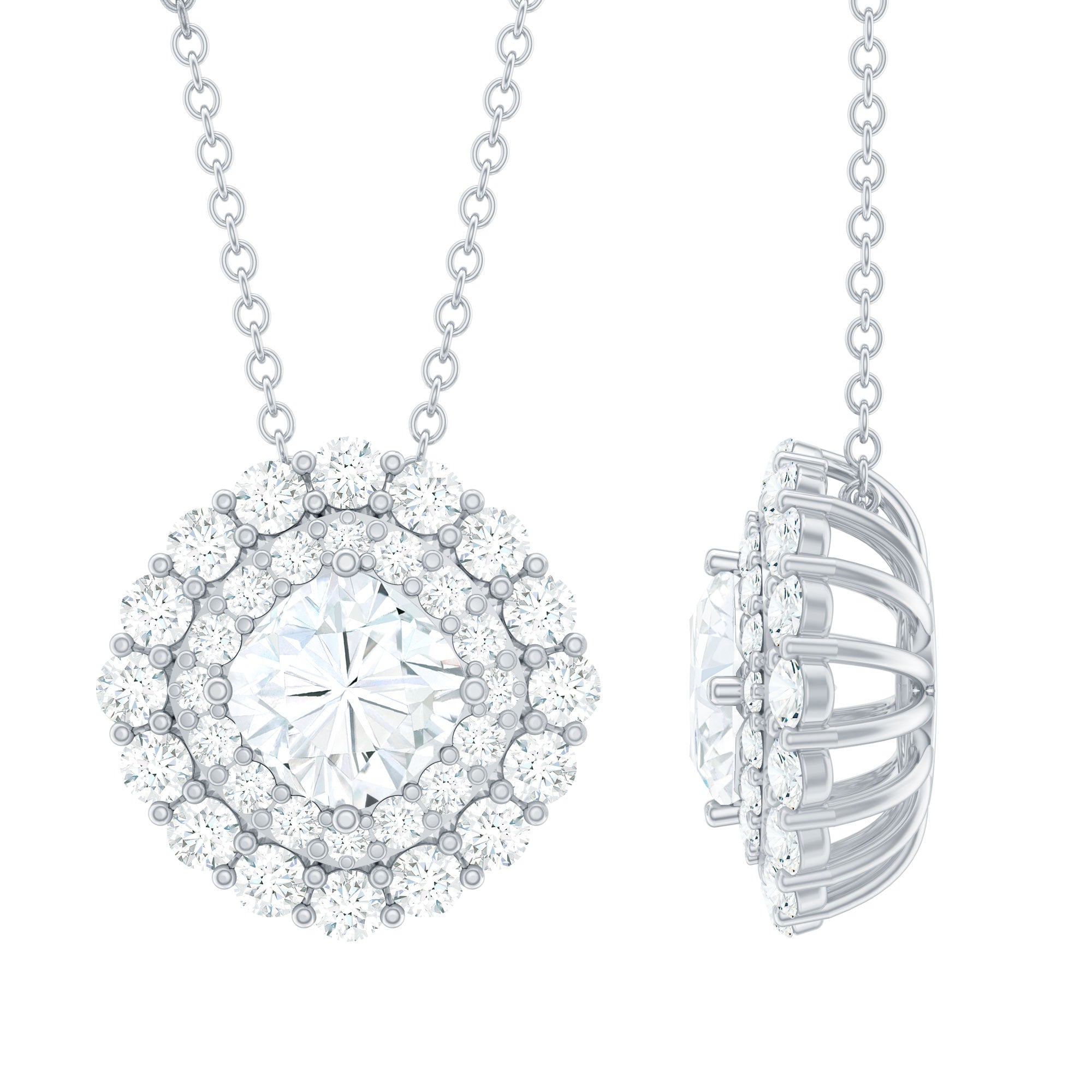 Certified Moissanite Double Halo Pendant Necklace with Chain