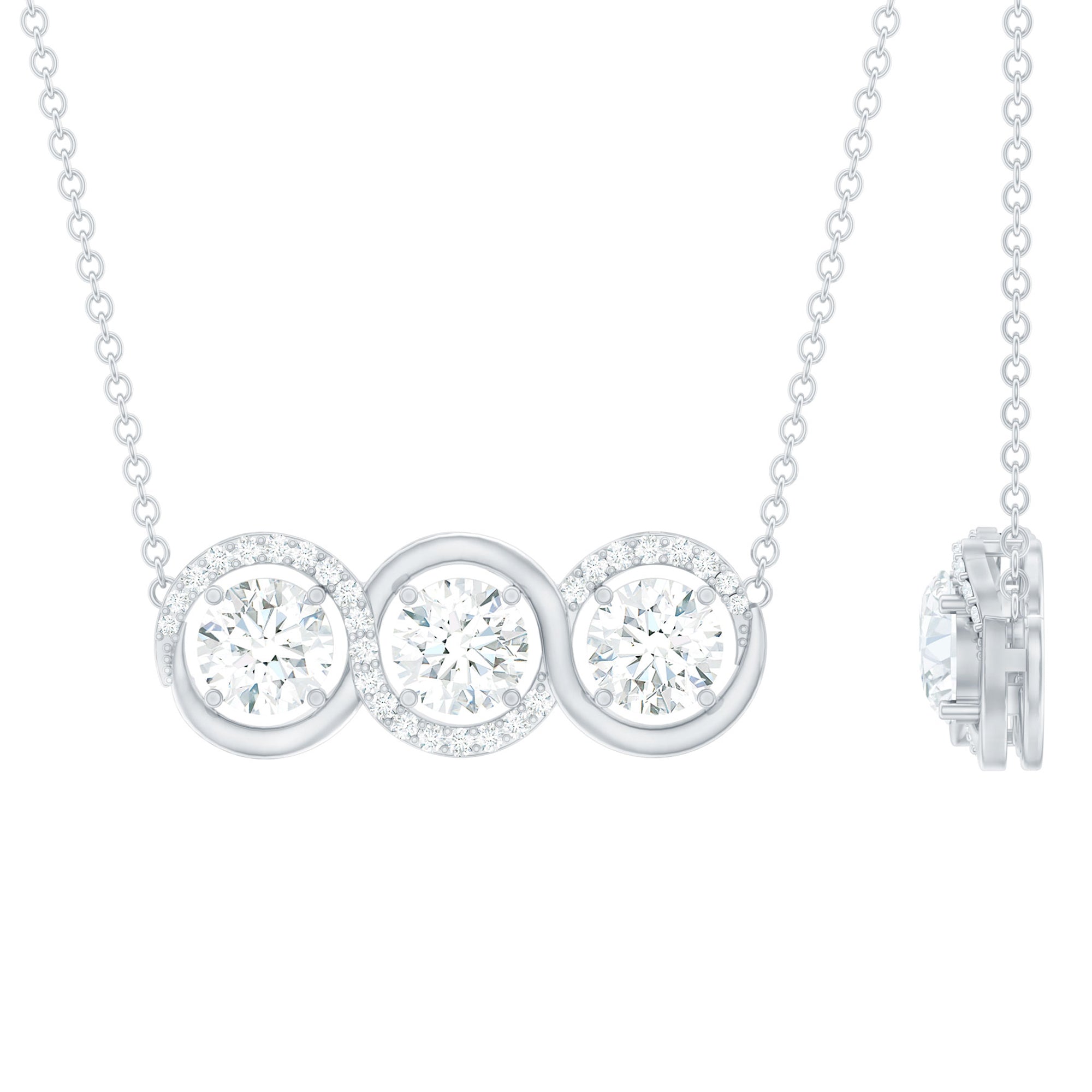 Certified Round Moissanite 3 Stone Bar Necklace with Silver Chain