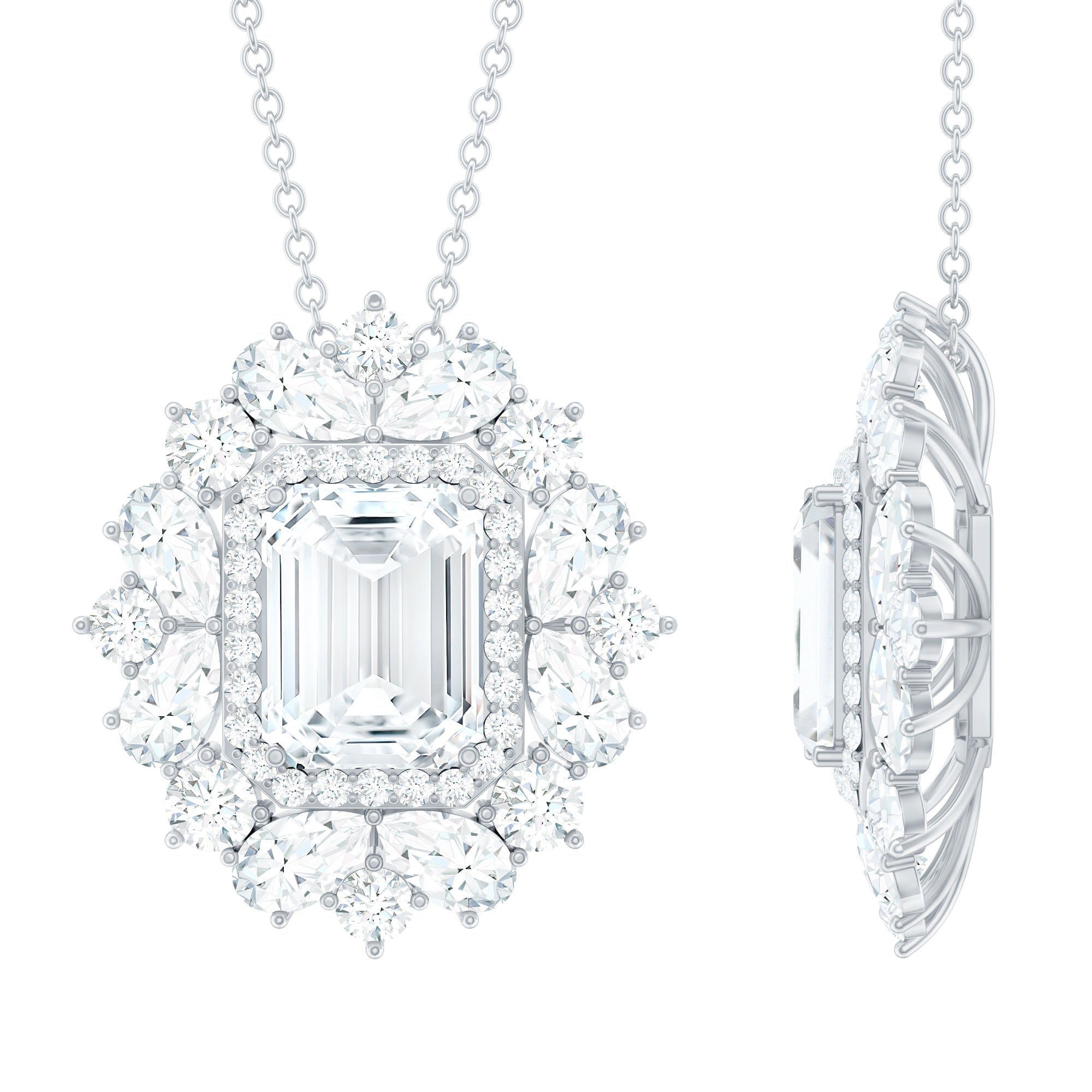 Emerald Cut 7X9 MM Moissanite Vintage Wedding Necklace In Silver