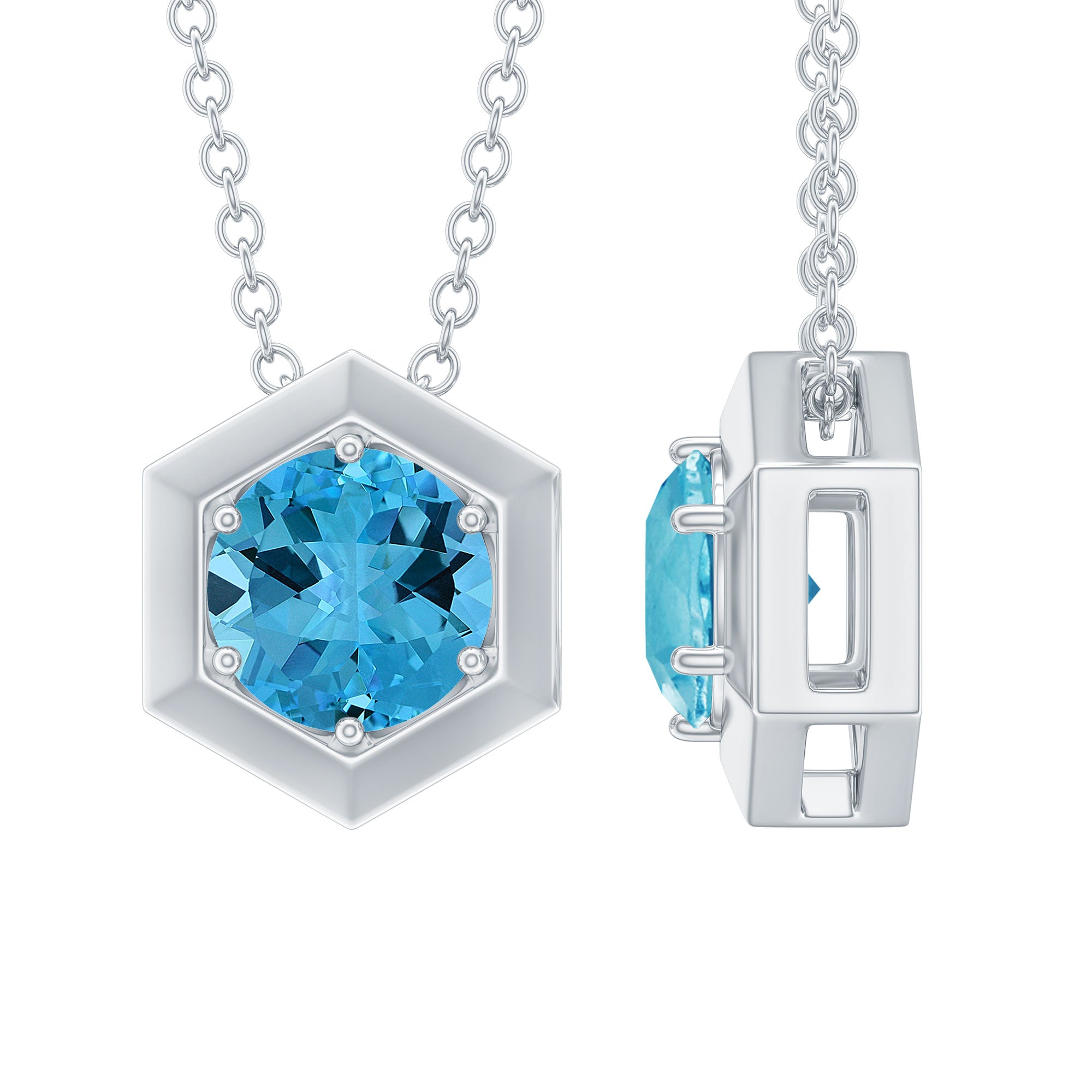 1 CT Swiss Blue Topaz Solitaire Hexagon Pendant Necklace