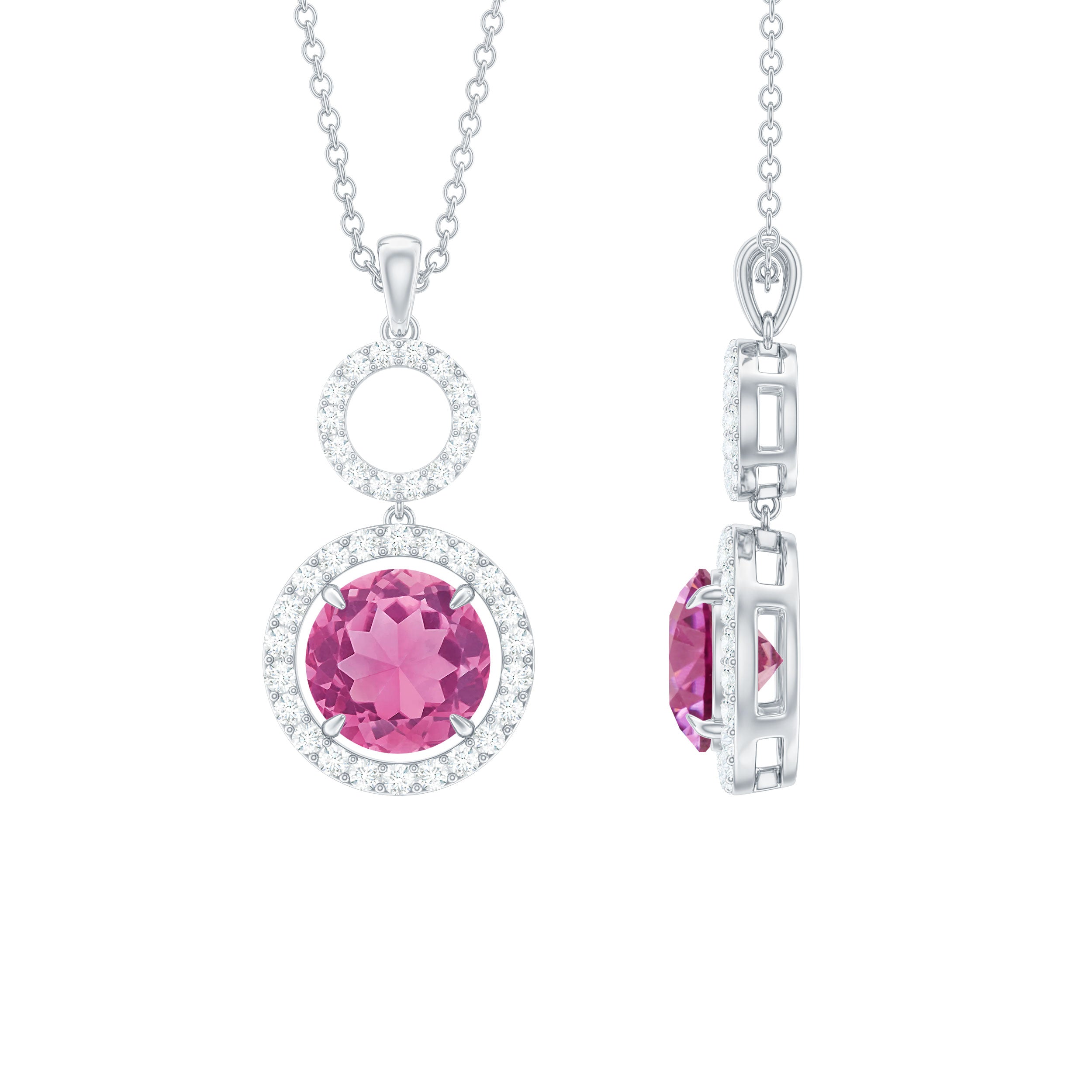 Pink Tourmaline and Moissanite Dangle Pendant Necklace