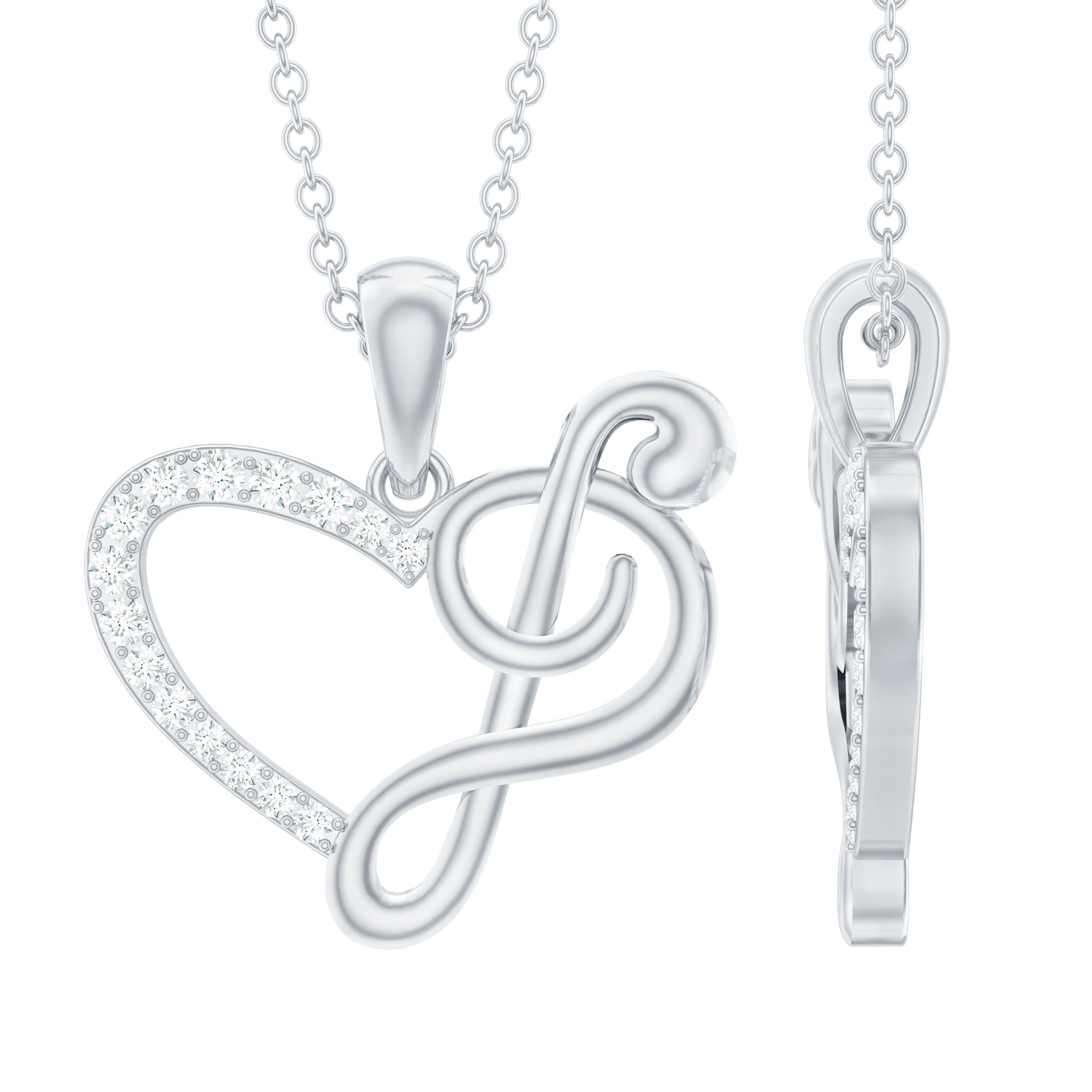 Diamond Heart and Music Note Necklace Natural - ( HI-SI ) - Rosec Jewels