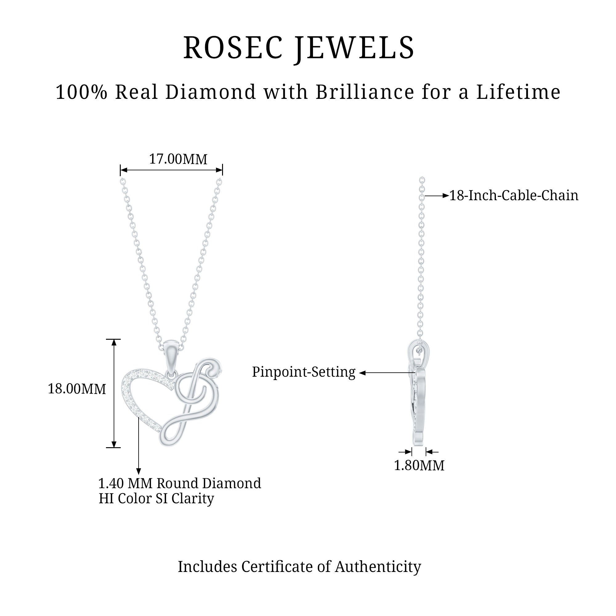 Diamond Heart and Music Note Necklace Natural - ( HI-SI ) - Rosec Jewels