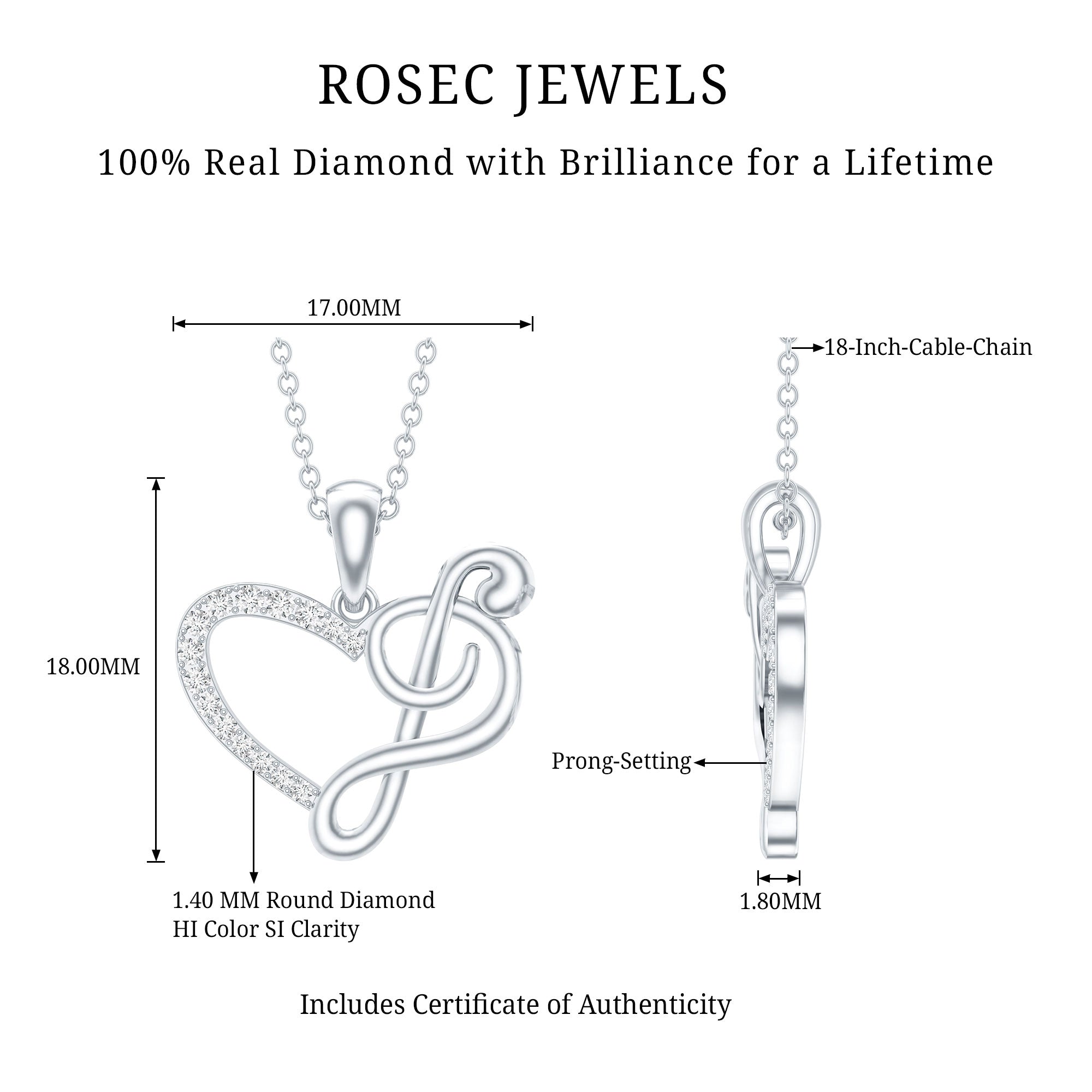 Diamond Heart and Music Note Necklace Natural - ( HI-SI ) - Rosec Jewels