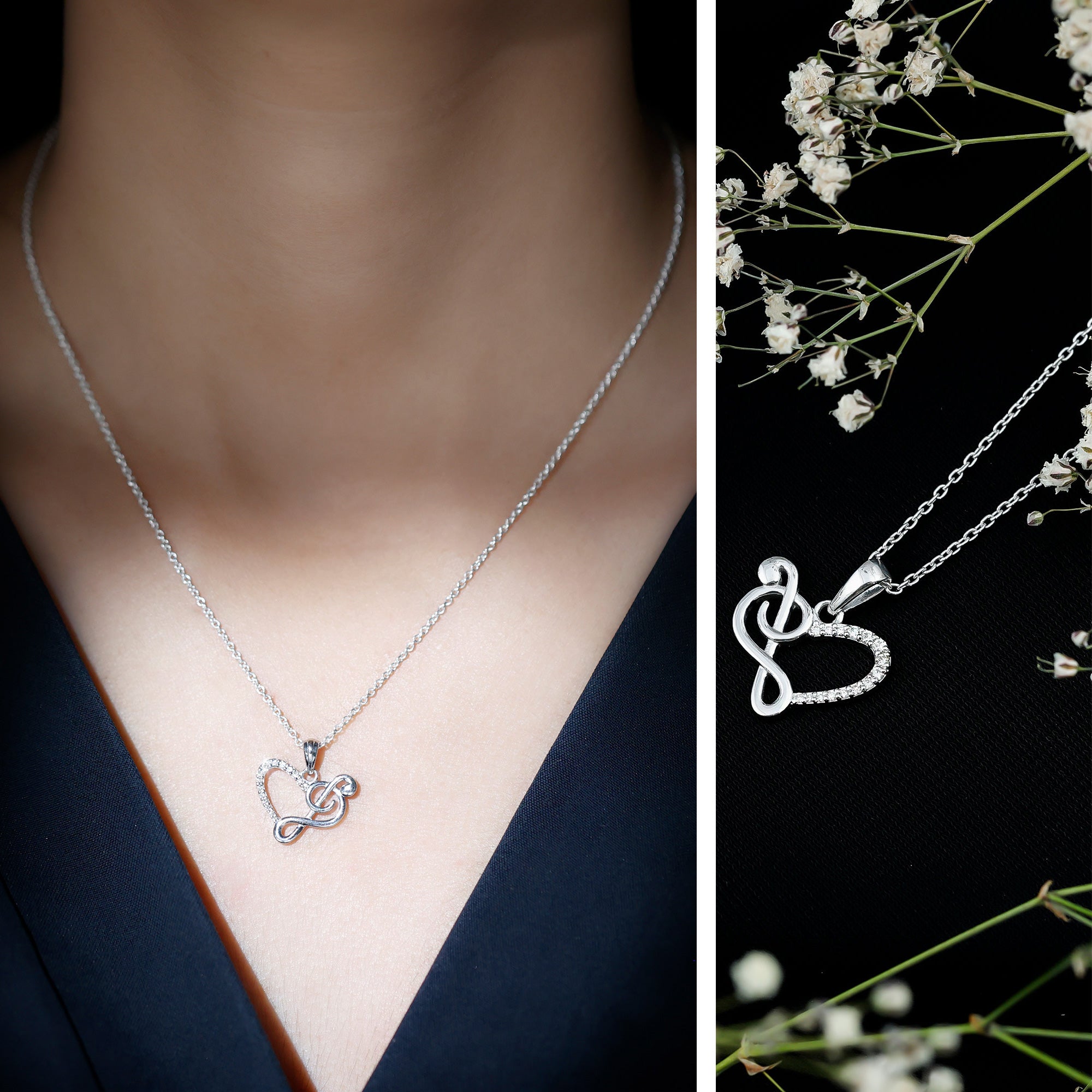 Diamond Heart and Music Note Necklace Natural - ( HI-SI ) - Rosec Jewels