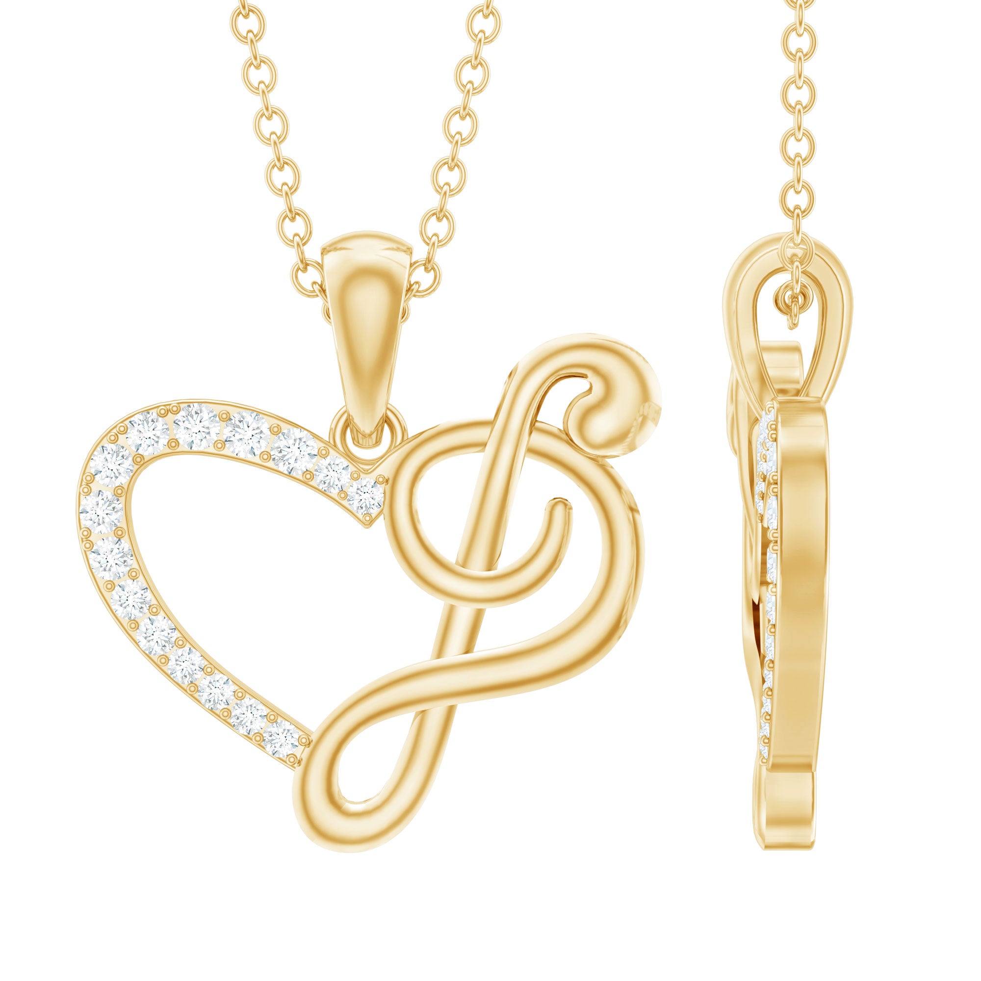 Diamond Heart and Music Note Necklace Natural - ( HI-SI ) - Rosec Jewels