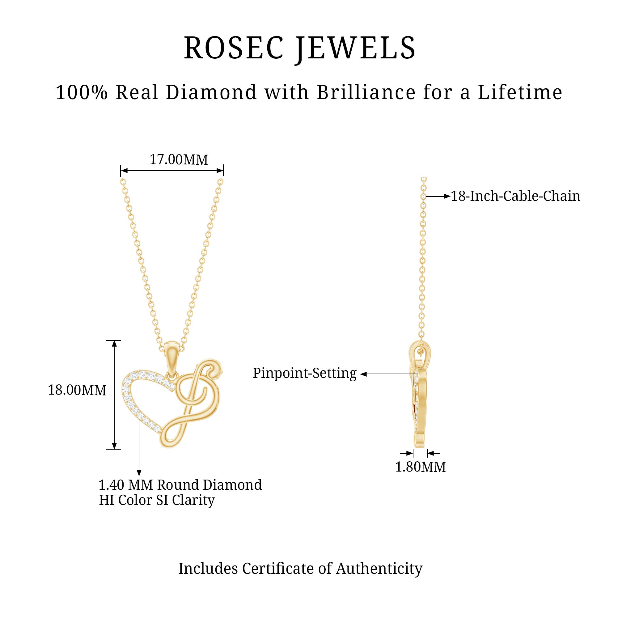 Diamond Heart and Music Note Necklace Natural - ( HI-SI ) - Rosec Jewels