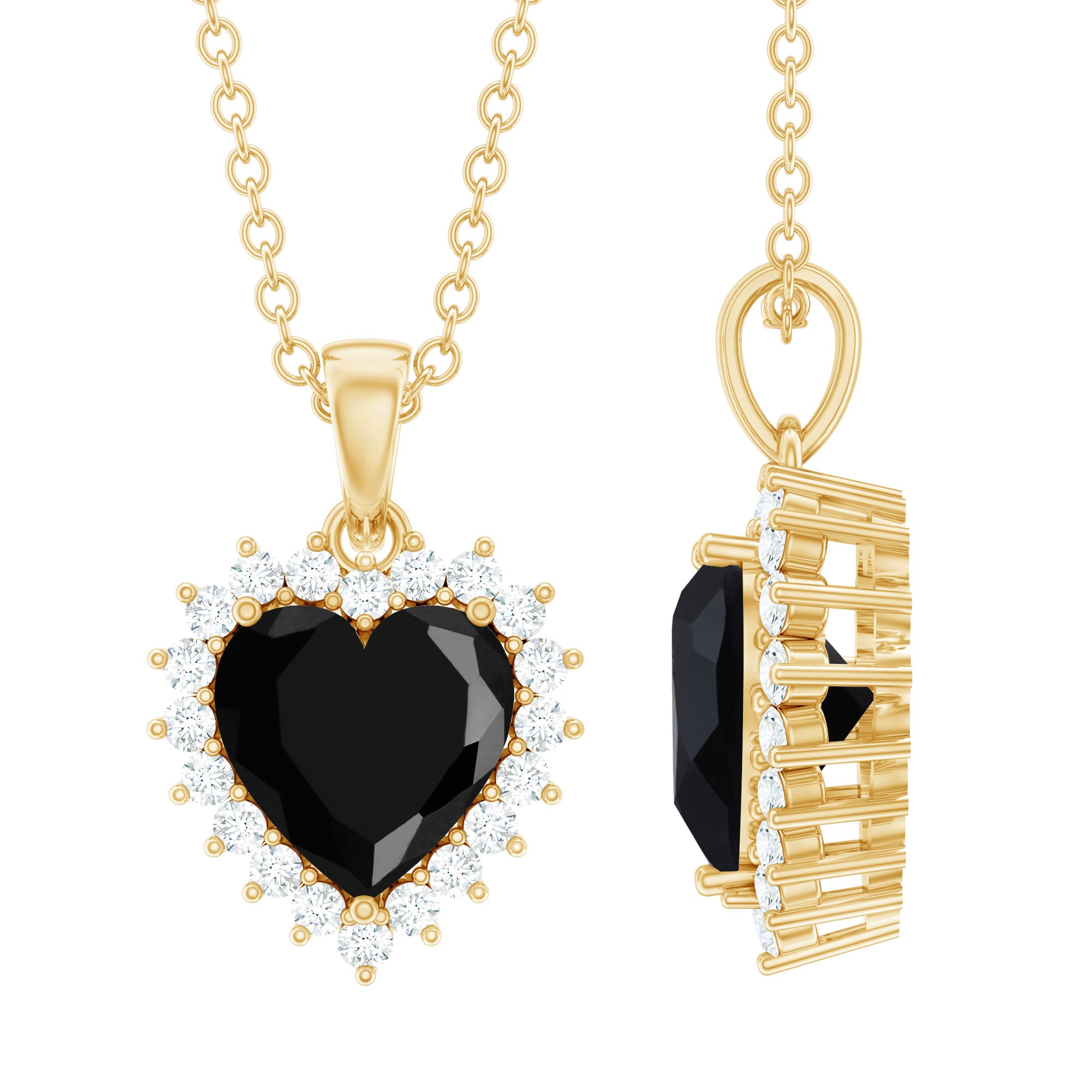 Natural Black Spinel Heart Shape Necklace with Moissanite Halo AAA - Rosec Jewels