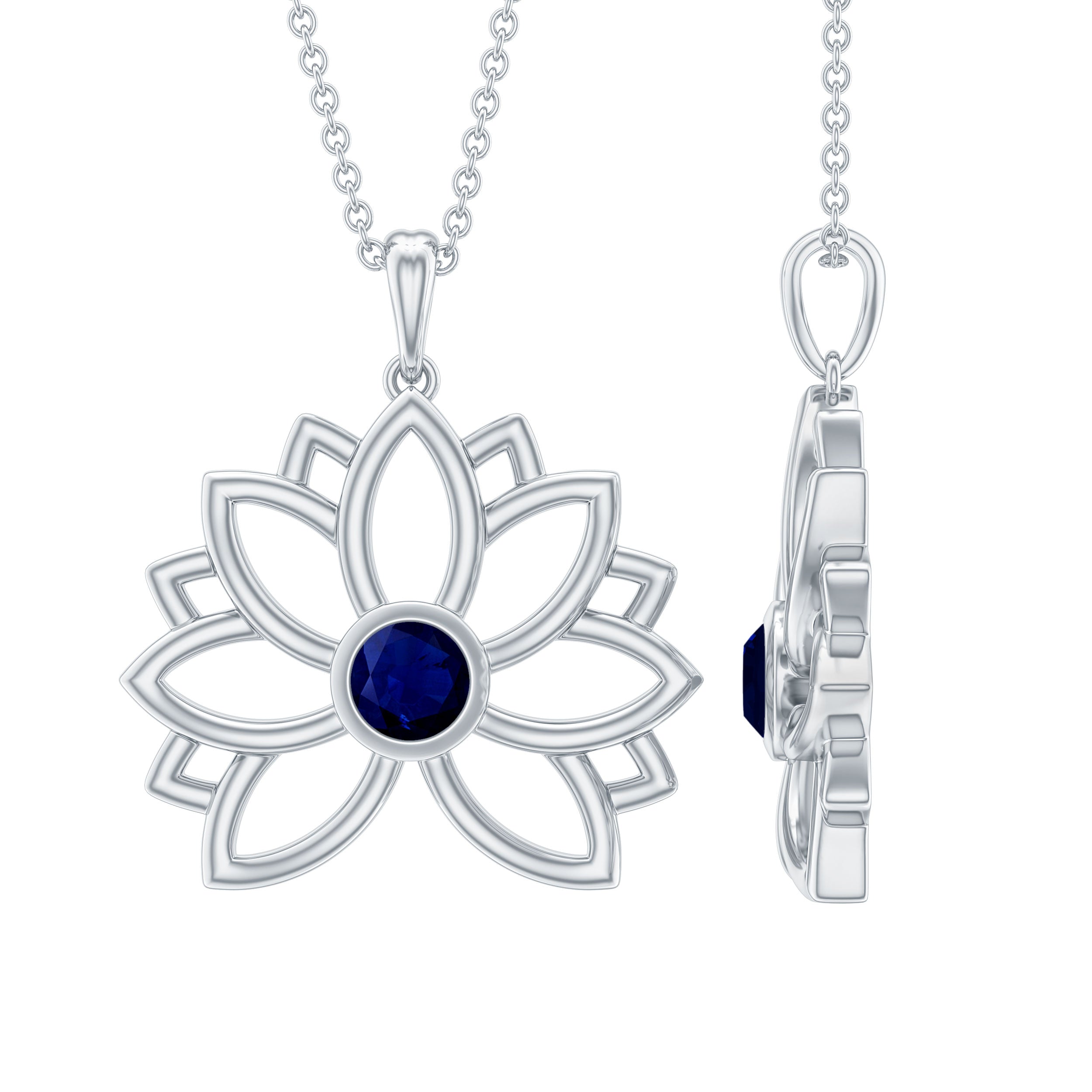 Real Blue Sapphire Lotus Flower Necklace with Chain