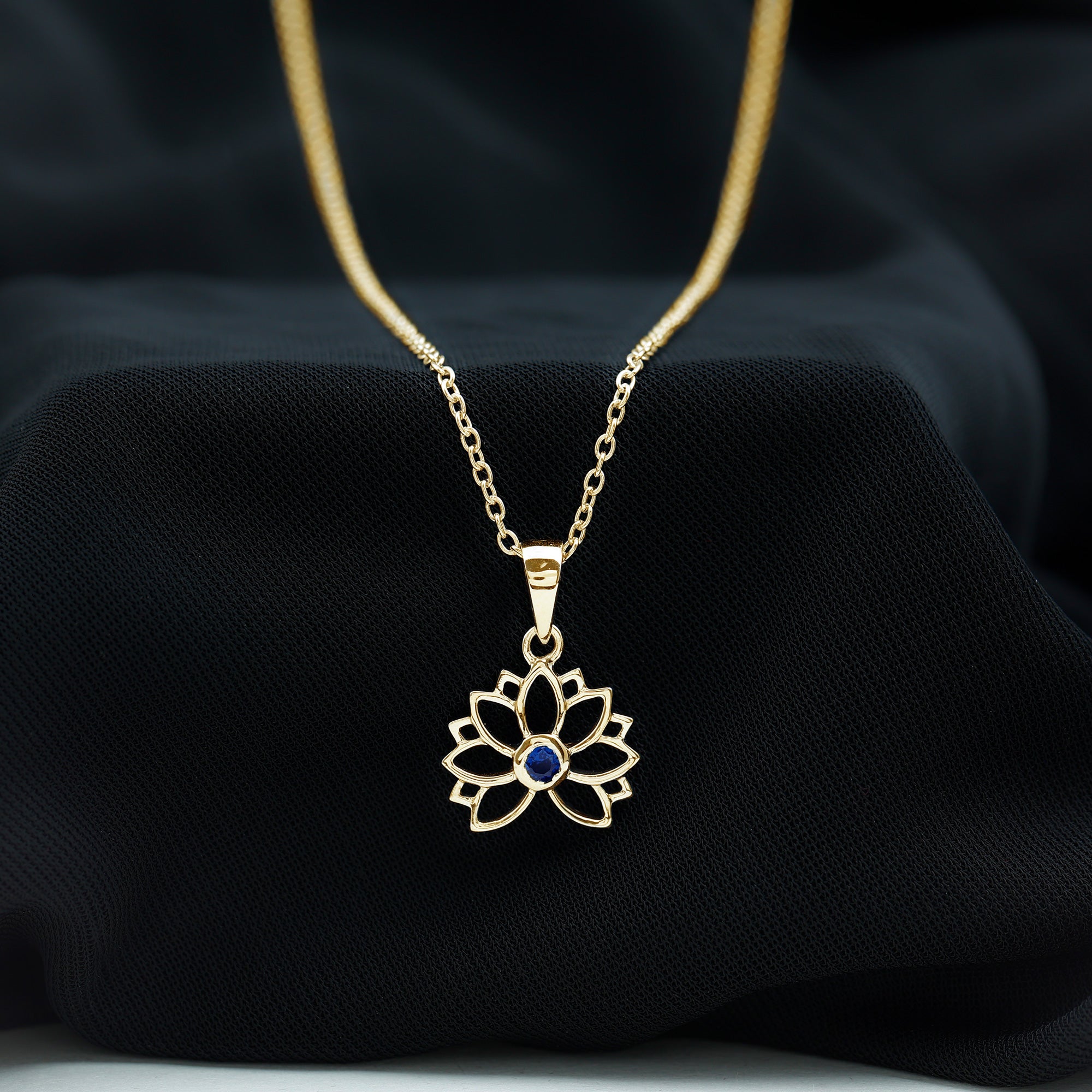 Lab Grown Blue Sapphire Lotus Flower Necklace With Chain AAAA - Rosec Jewels