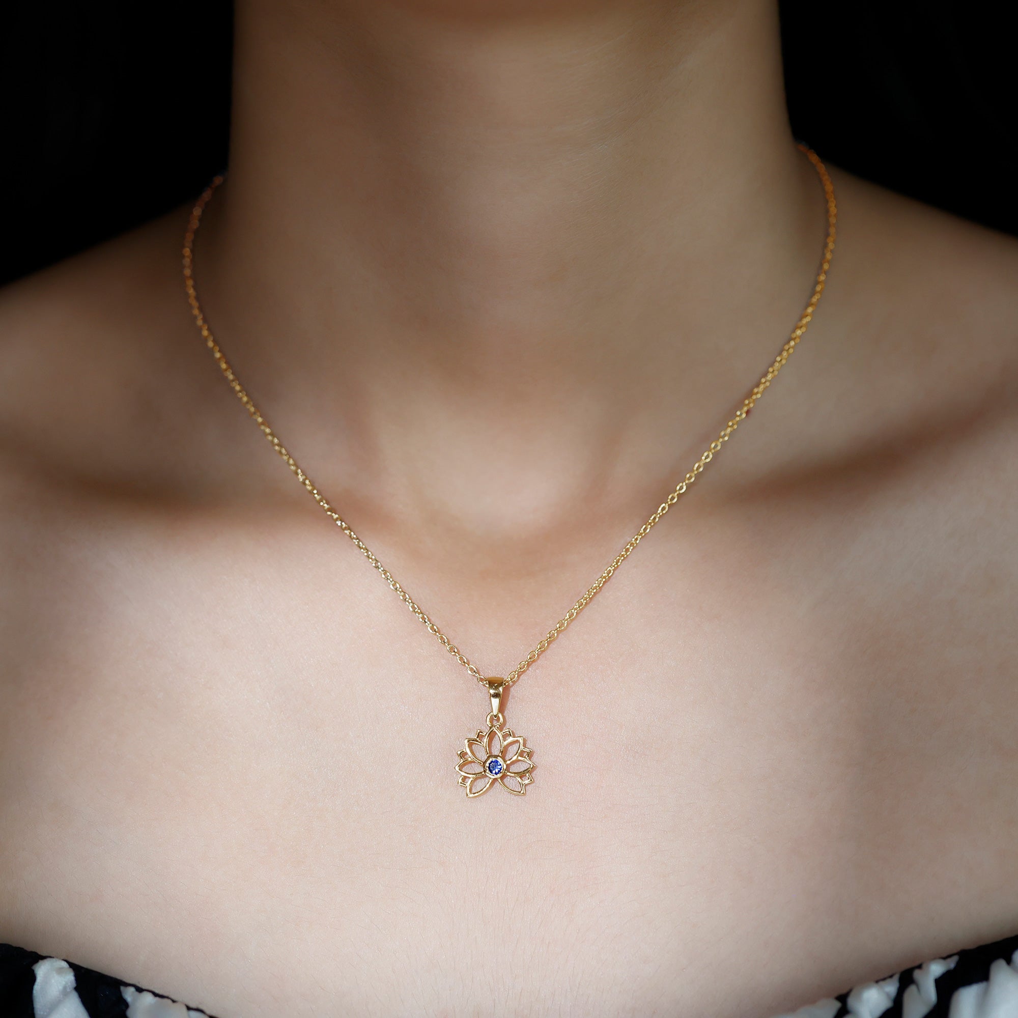 Lab Grown Blue Sapphire Lotus Flower Necklace With Chain AAAA - Rosec Jewels