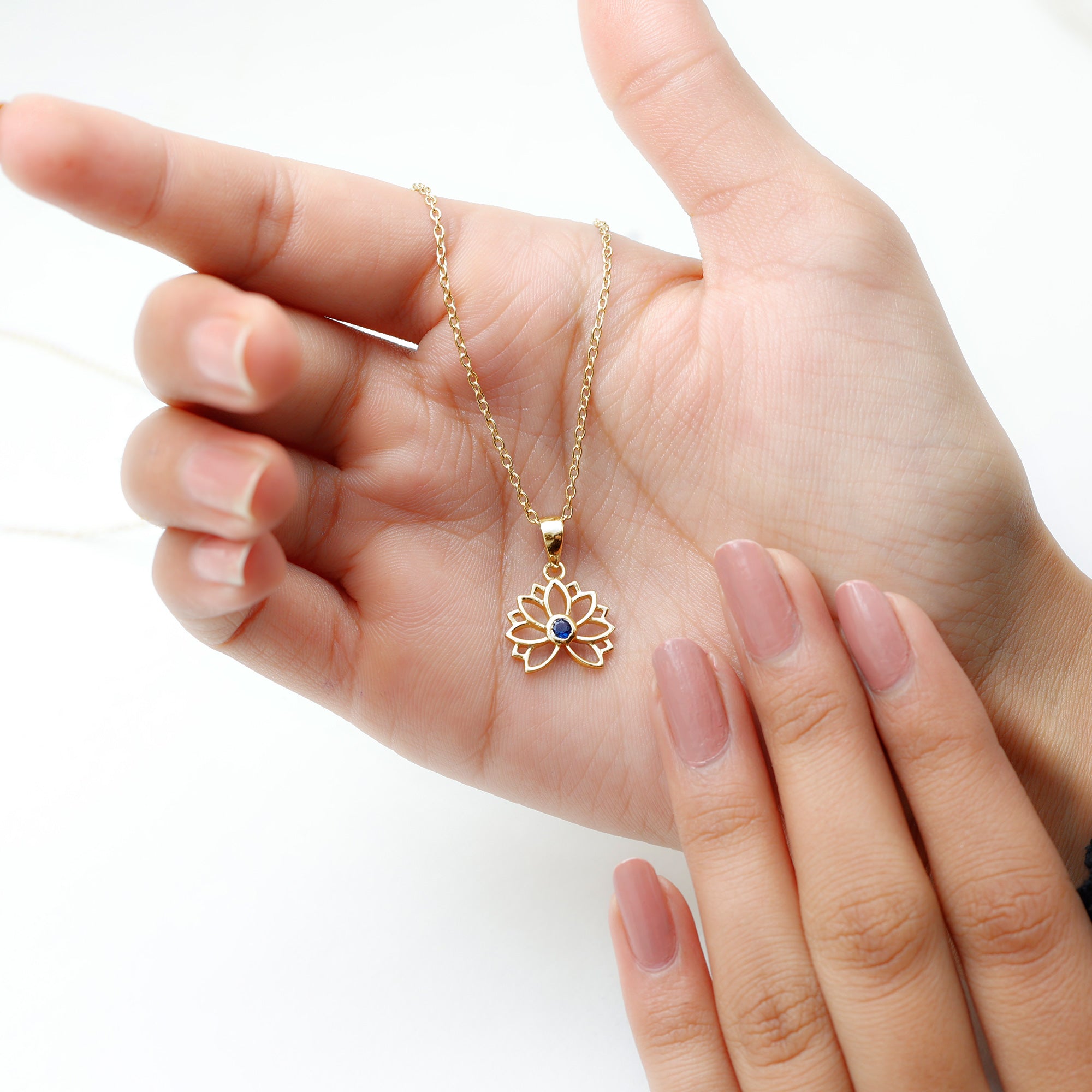 Lab Grown Blue Sapphire Lotus Flower Necklace With Chain AAAA - Rosec Jewels