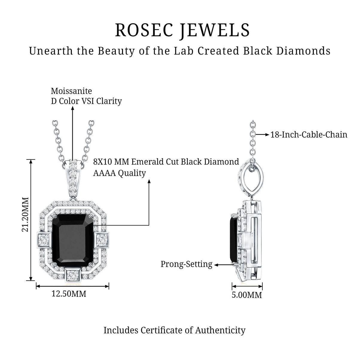Vintage Inspired 3.4 Carat Emerald Cut Synthetic Black Diamond Pendant Necklace AAAA ( Synthetic ) - Rosec Jewels