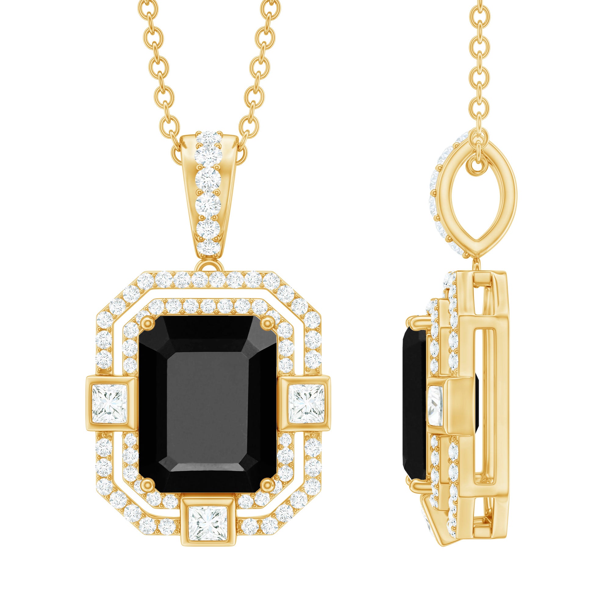 Vintage Inspired Octagon Created Black Diamond Pendant with Moissanite AAAA ( Synthetic ) - Rosec Jewels