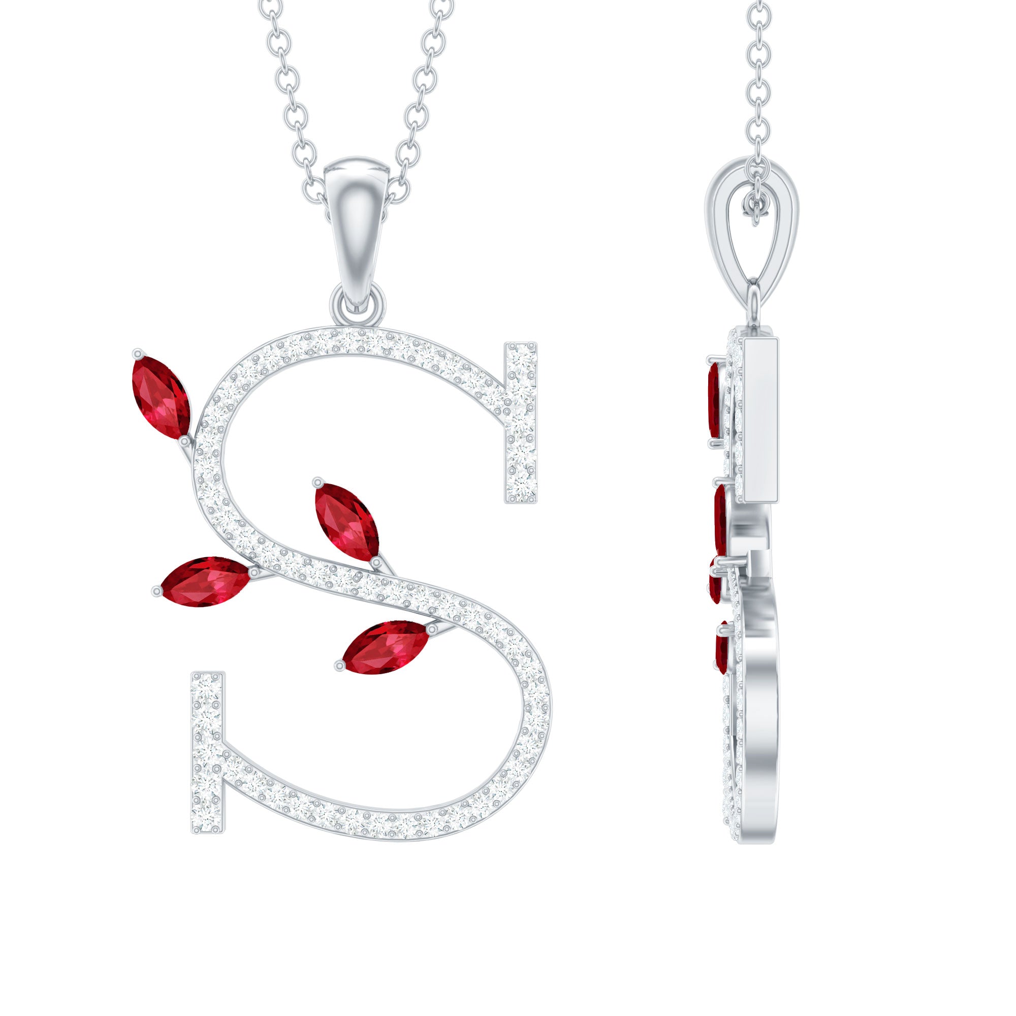 Moissanite and Lab Ruby Necklace with Letter S