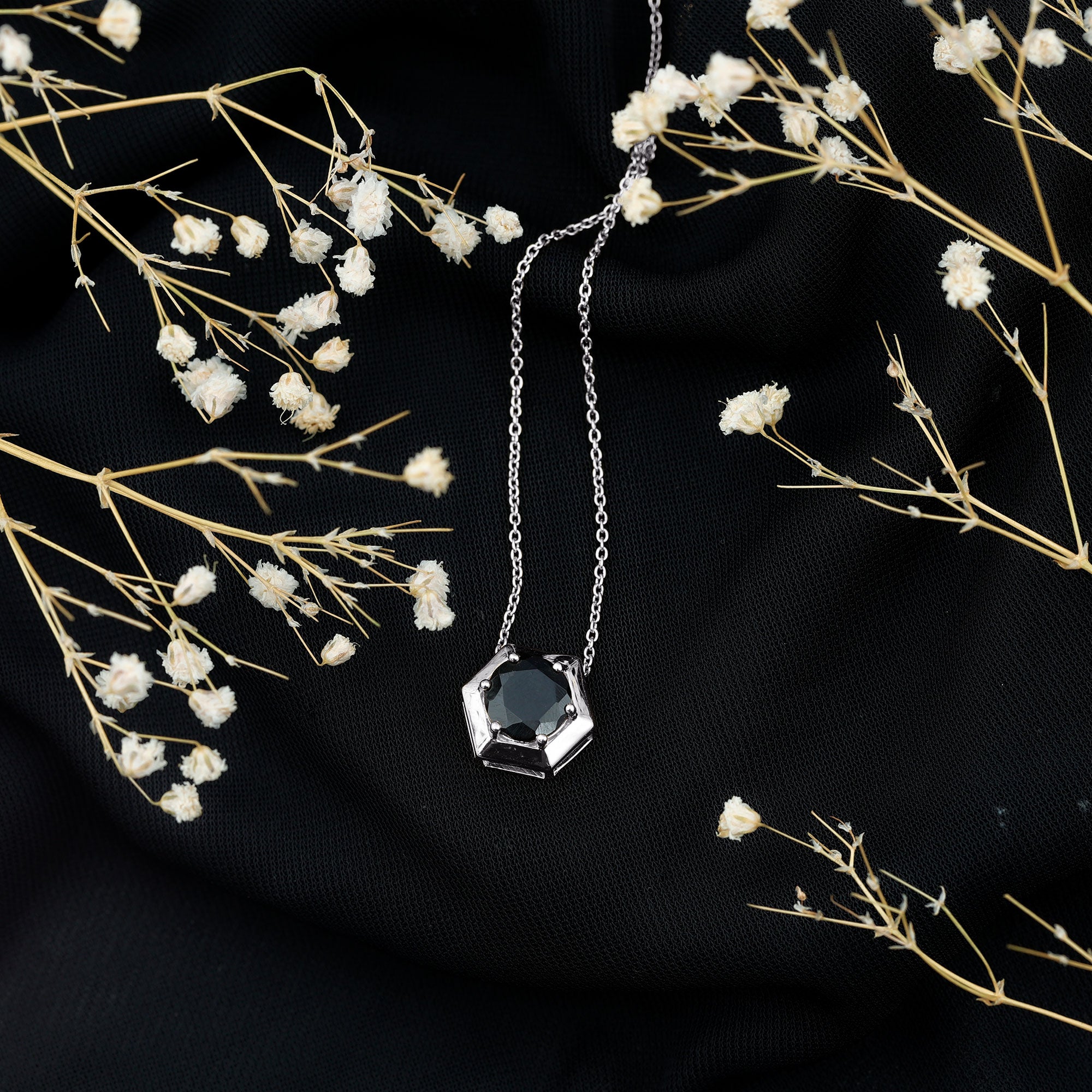 Lab Grown Black Diamond Hexagon Pendant Necklace AAAA ( Synthetic ) - Rosec Jewels
