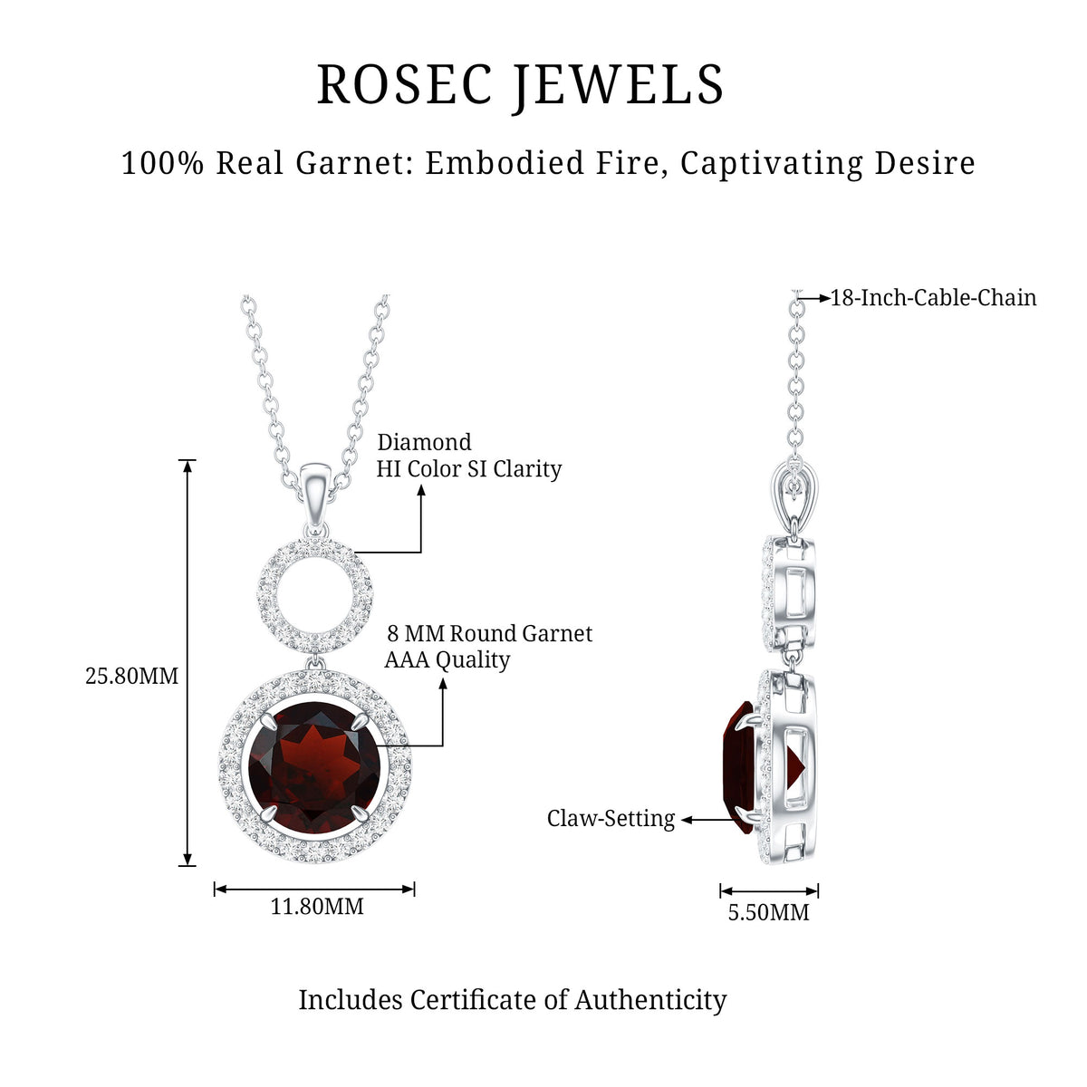 Real Garnet Circle Eternity Necklace with Diamond AAA - Rosec Jewels