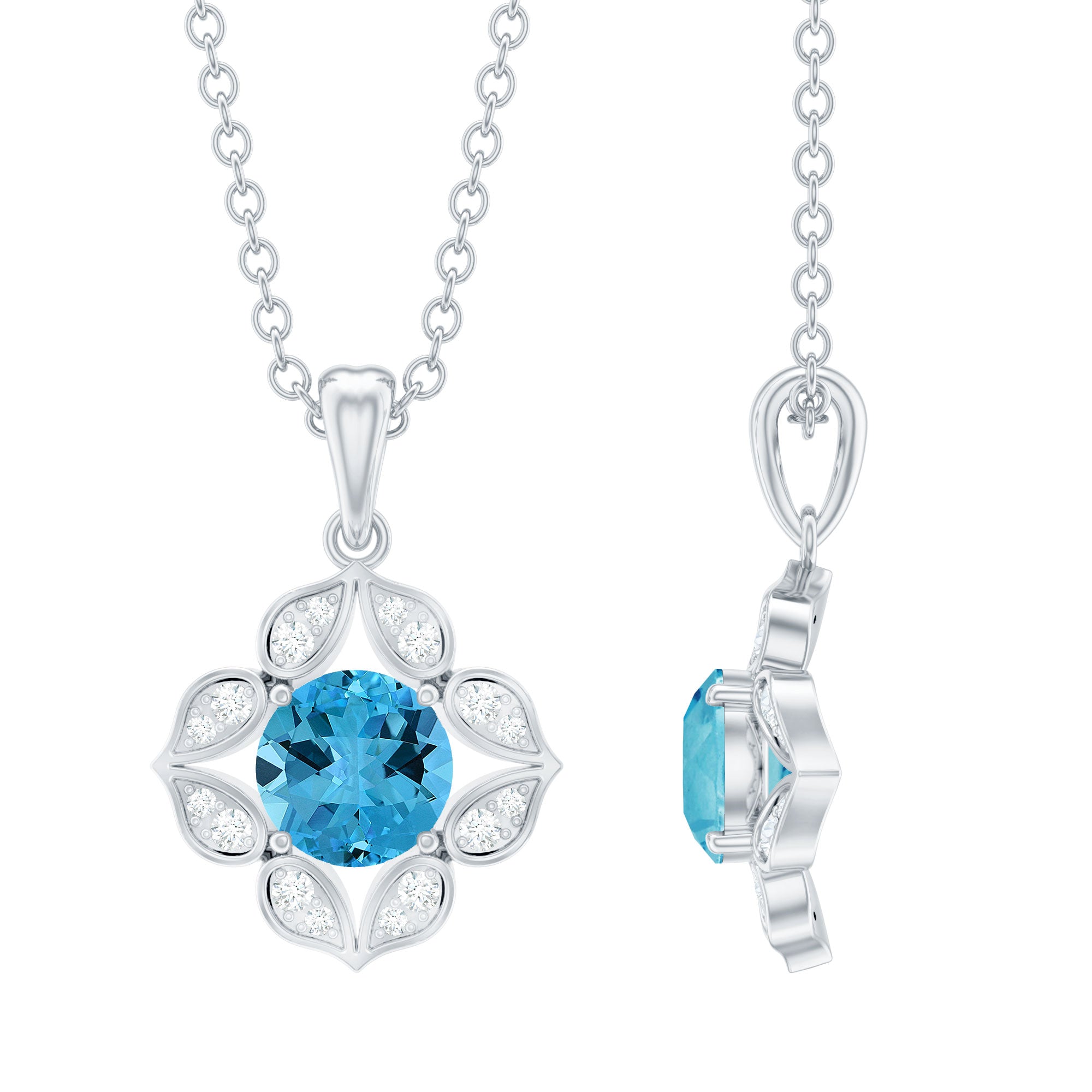 Antique Style Natural Swiss Blue Topaz Bridal Pendant with Diamond