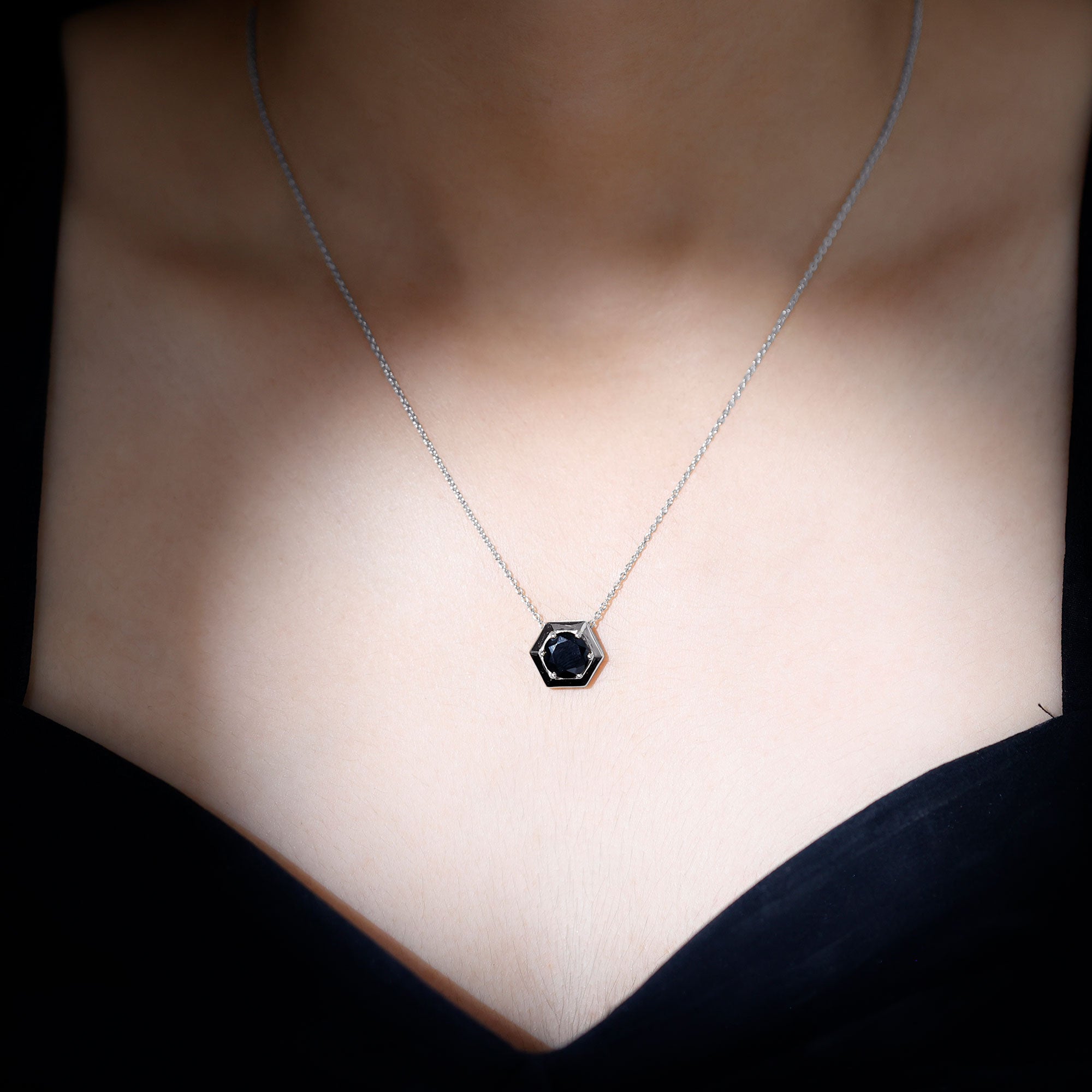 2 Carat Natural Black Onyx Solitaire Hexagon Pendant AAA - Rosec Jewels