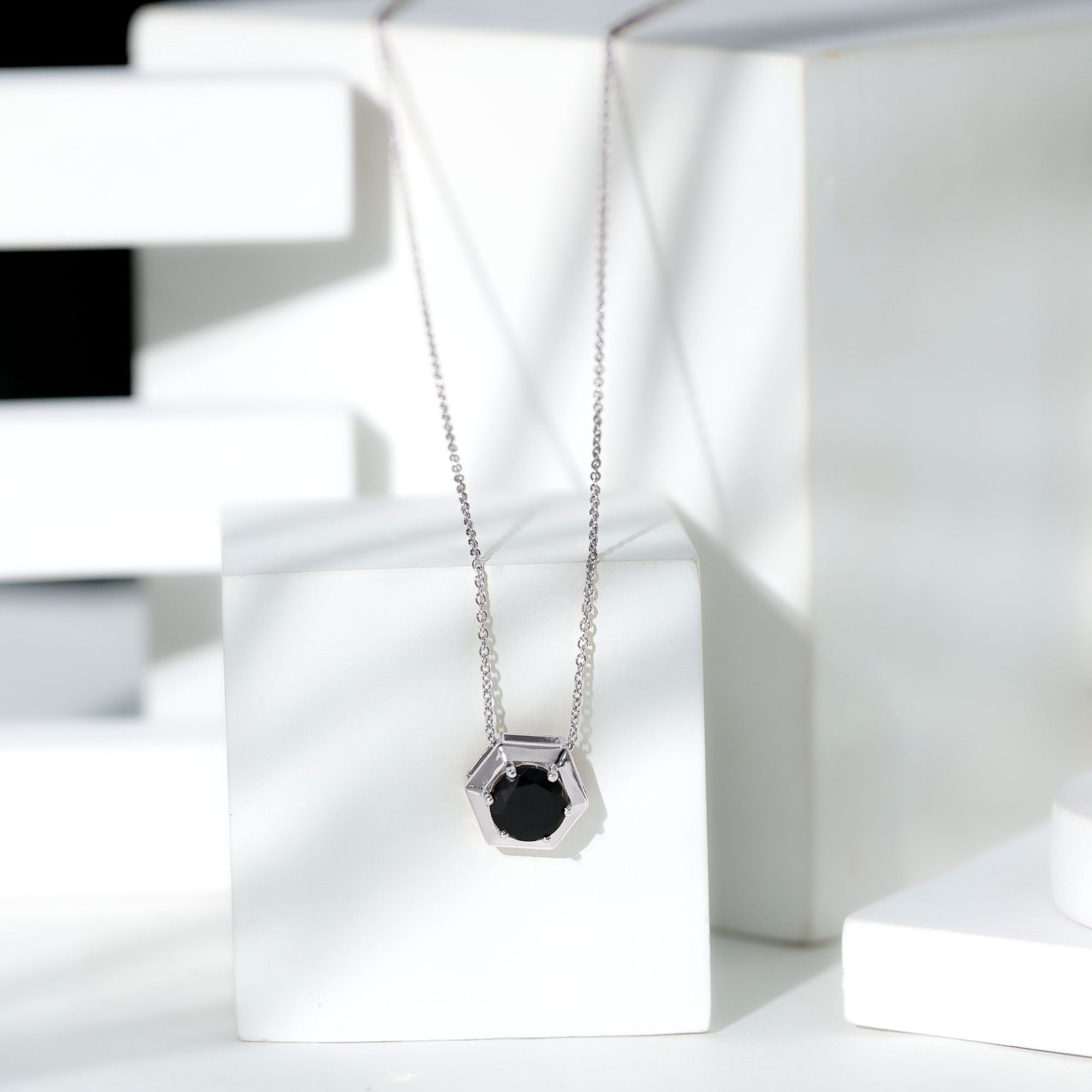 2 Carat Natural Black Onyx Solitaire Hexagon Pendant AAA - Rosec Jewels