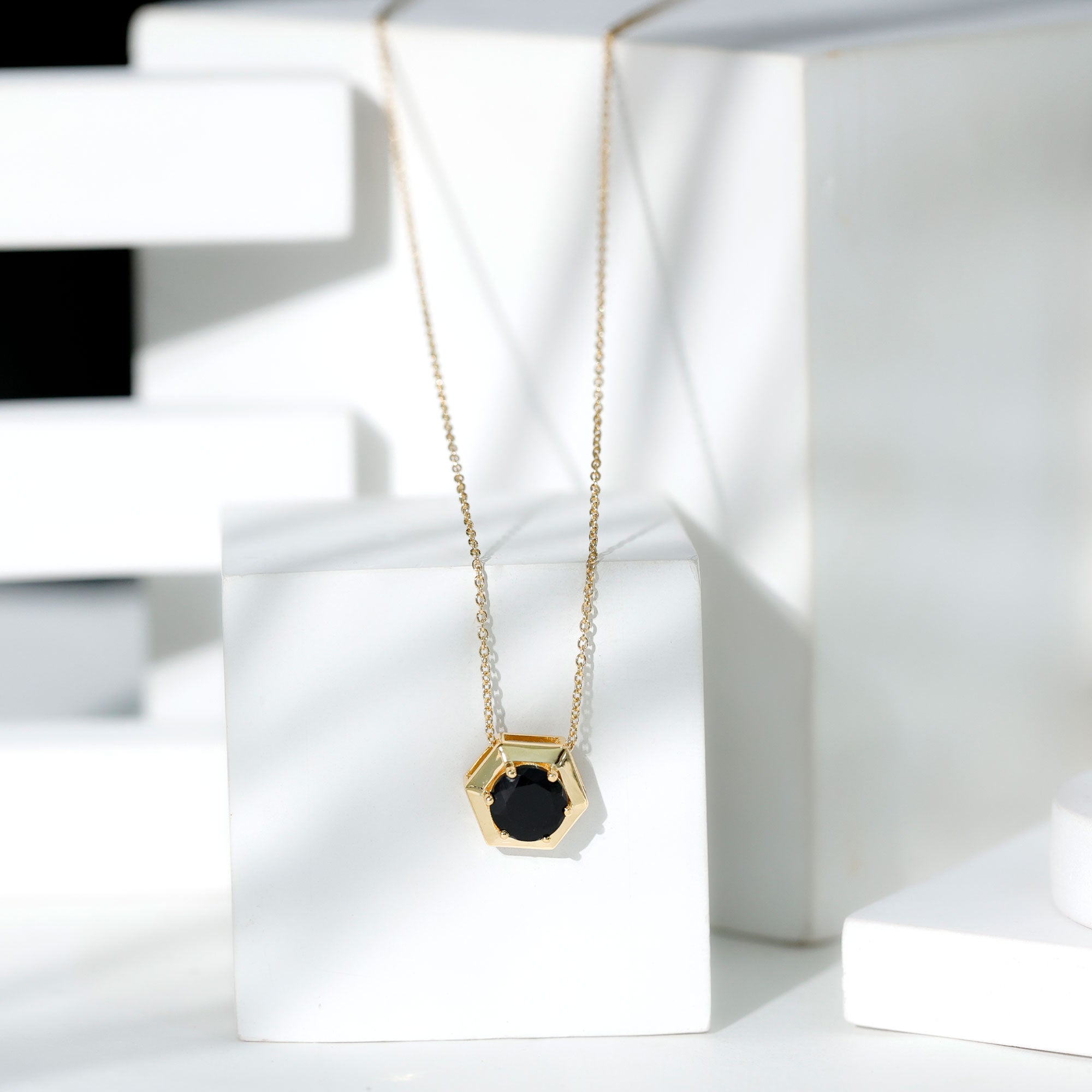 2 Carat Natural Black Onyx Solitaire Hexagon Pendant AAA - Rosec Jewels