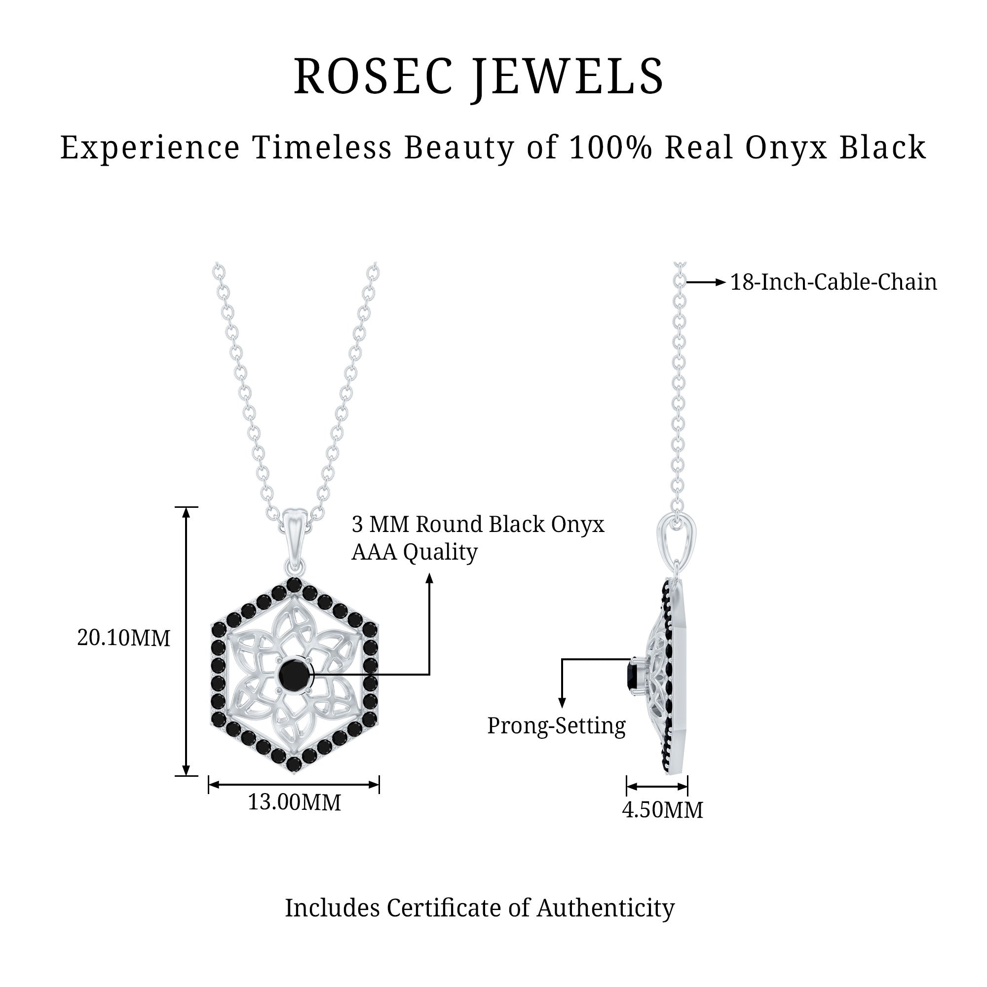 Certified Genuine Black Onyx Flower Necklace for Women AAA - Rosec Jewels