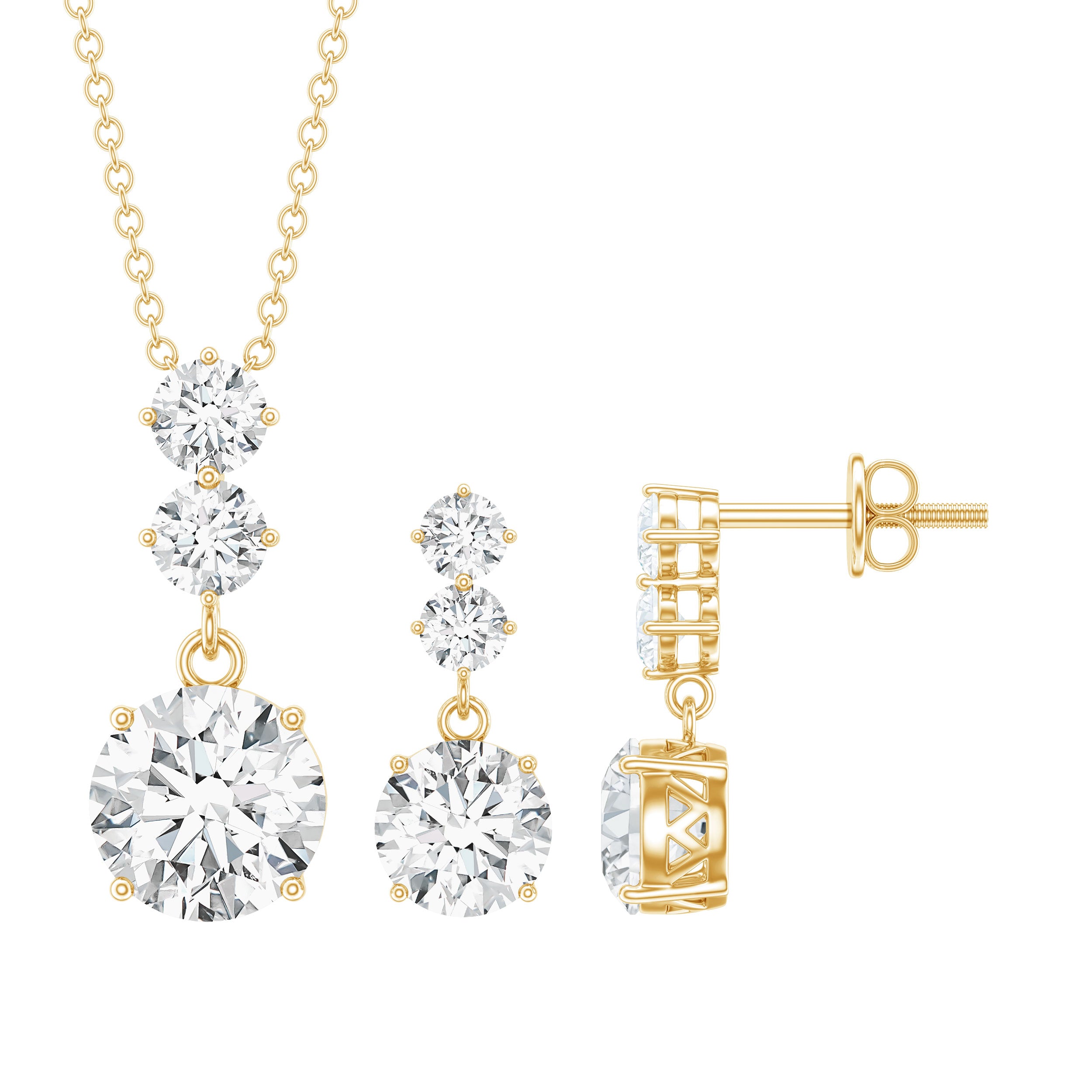 Moissanite 3 Stone Dangle Necklace and Earrings Set D-VS1 - Rosec Jewels