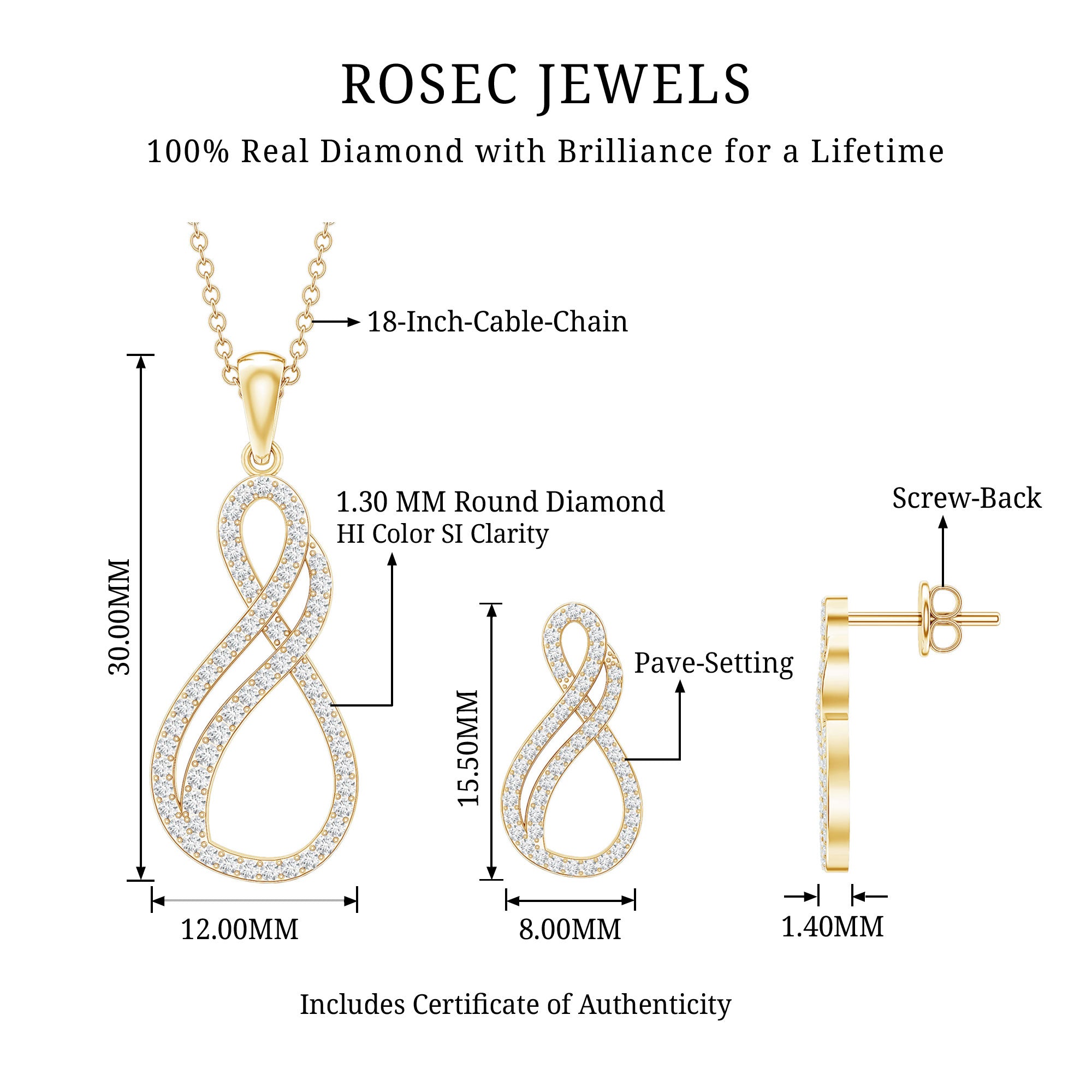 Diamond Infinity Necklace Earrings Set For Women Natural - ( HI-SI ) - Rosec Jewels