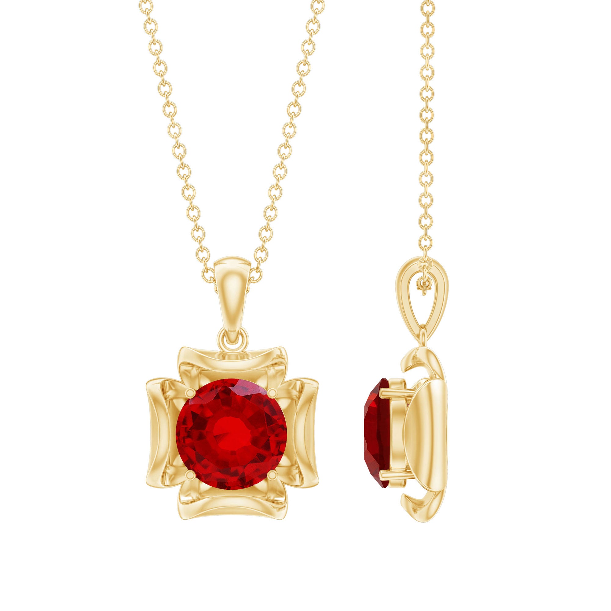 Art Deco Inspired Lab Created Ruby Solitaire Necklace AAAA - Rosec Jewels