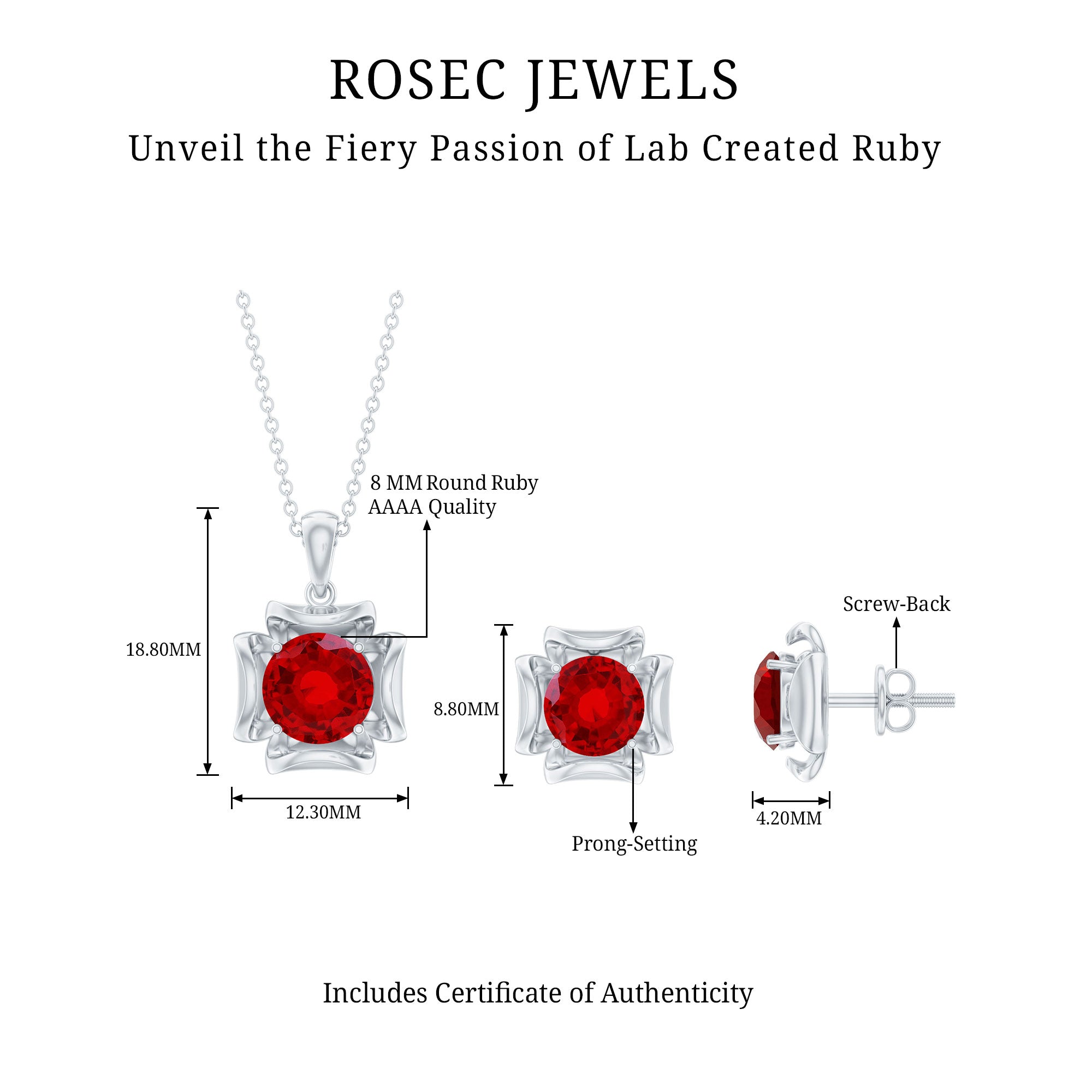 Lab Created Ruby Necklace and Earrings Set for Women AAAA - Rosec Jewels