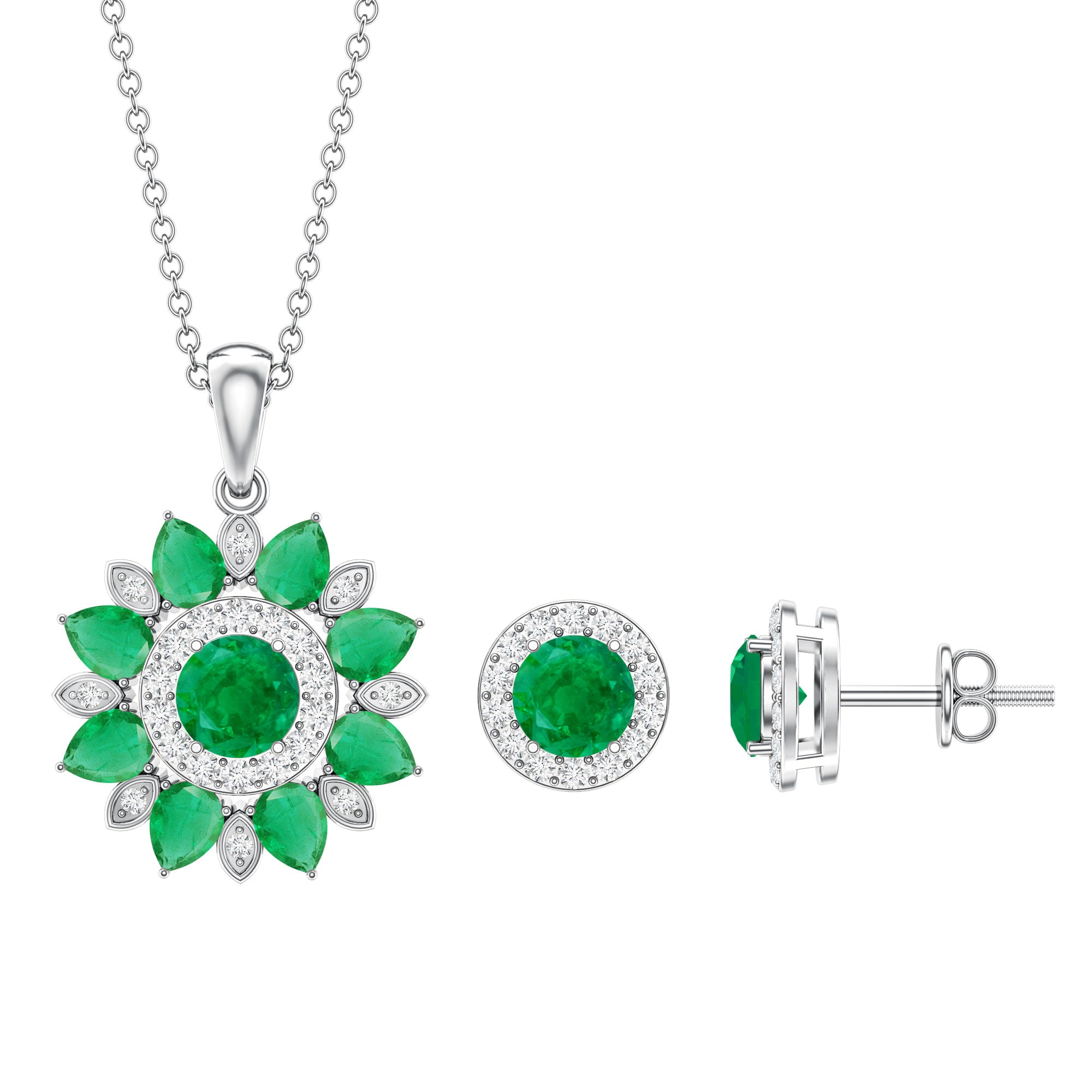 Certified Emerald and Moissanite Flower Jewelry Set AAA - Rosec Jewels