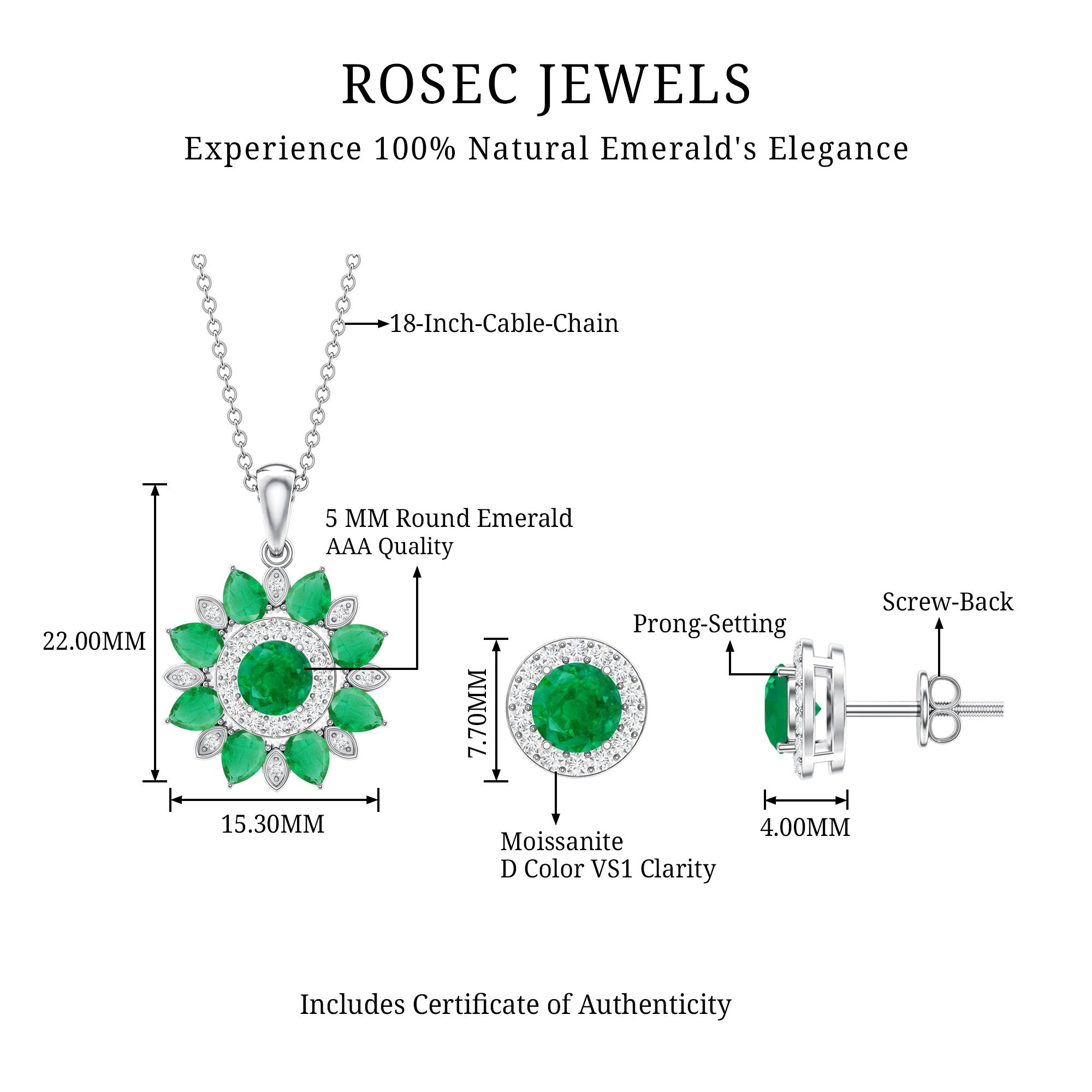 Certified Emerald and Moissanite Flower Jewelry Set AAA - Rosec Jewels
