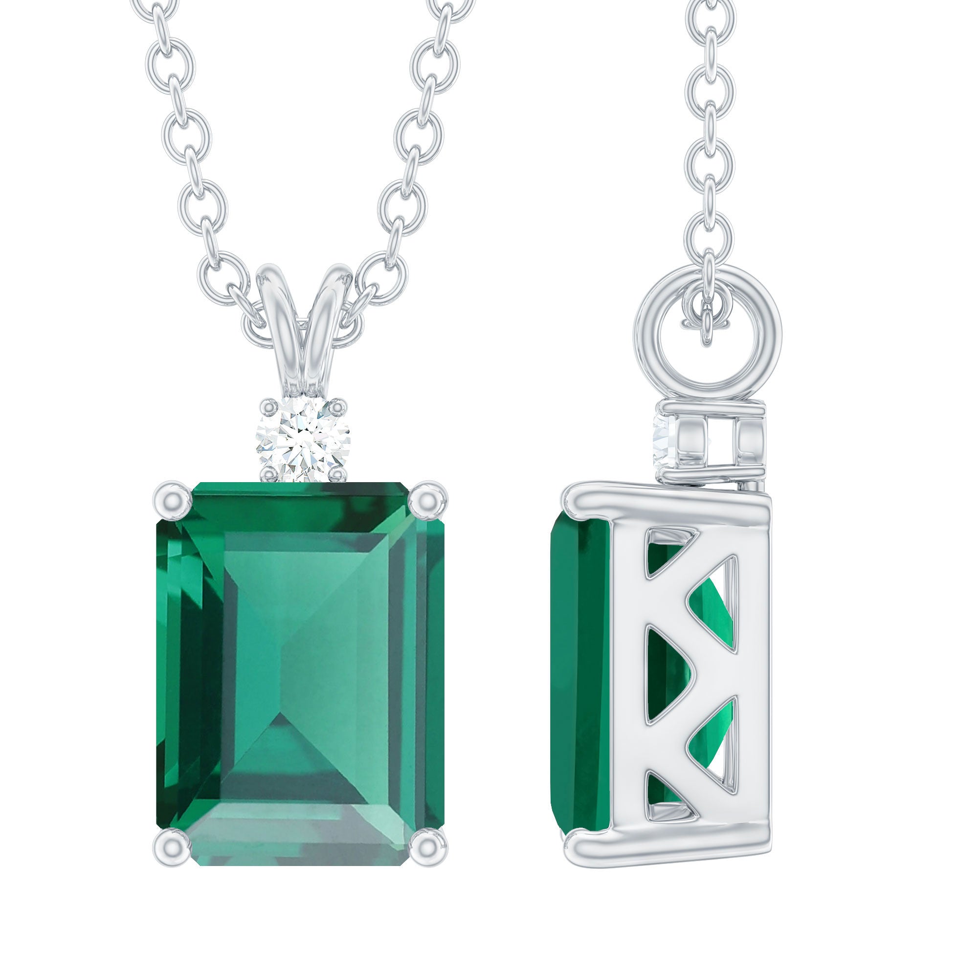 1.6 Carat Emerald Cut Lab Created Emerald Solitaire Necklace with Diamond AAAA - Rosec Jewels