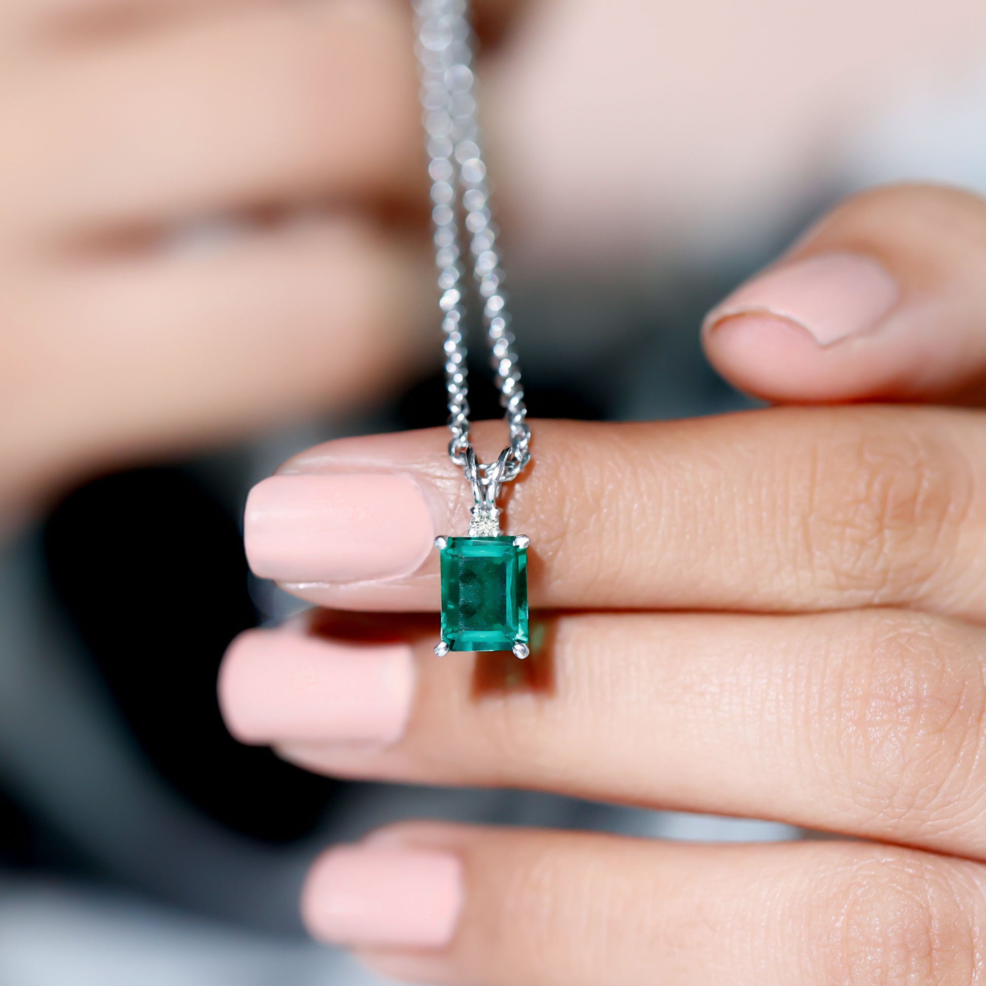 1.6 Carat Emerald Cut Lab Created Emerald Solitaire Necklace with Diamond AAAA - Rosec Jewels