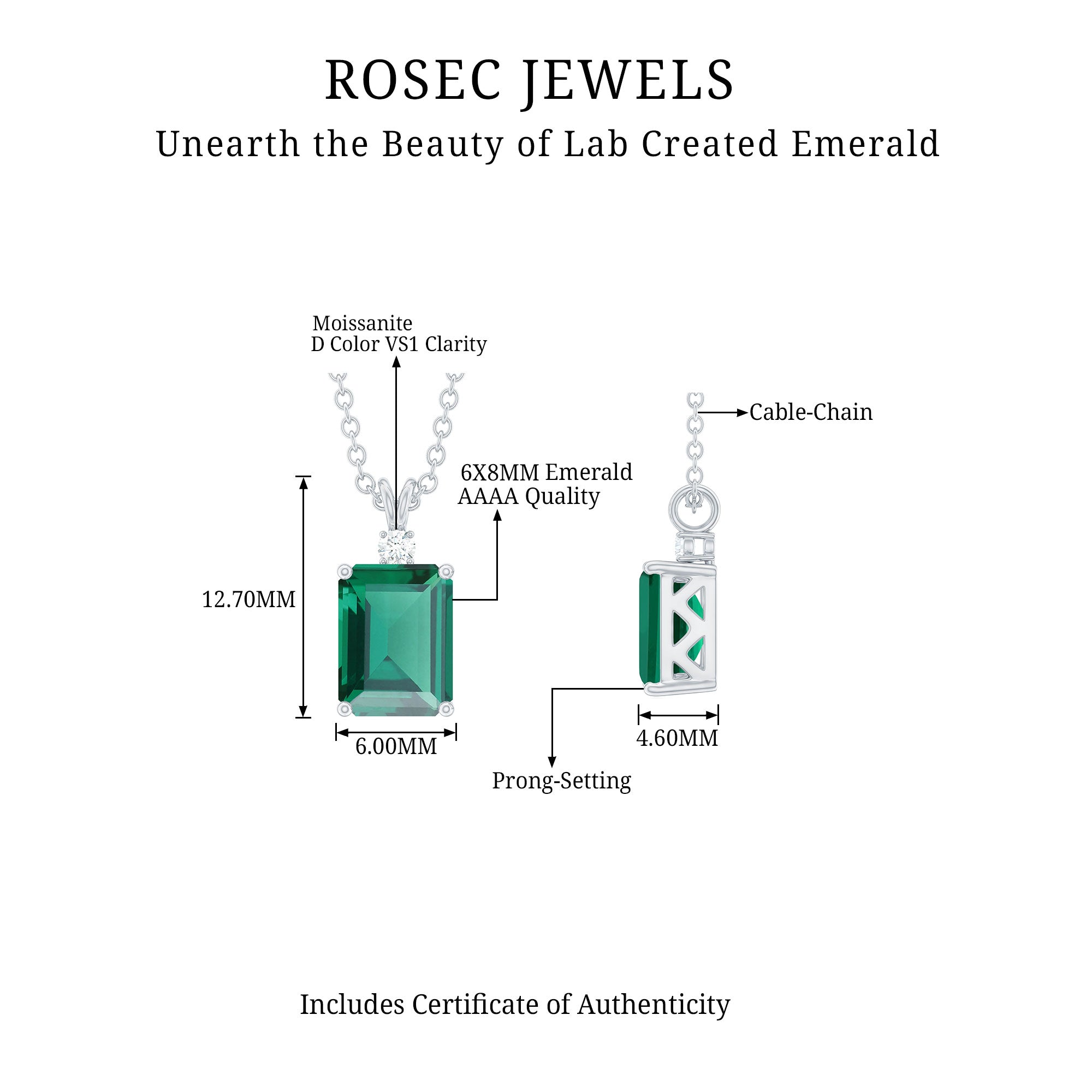 1.6 Carat Emerald Cut Lab Created Emerald Solitaire Necklace with Diamond AAAA - Rosec Jewels