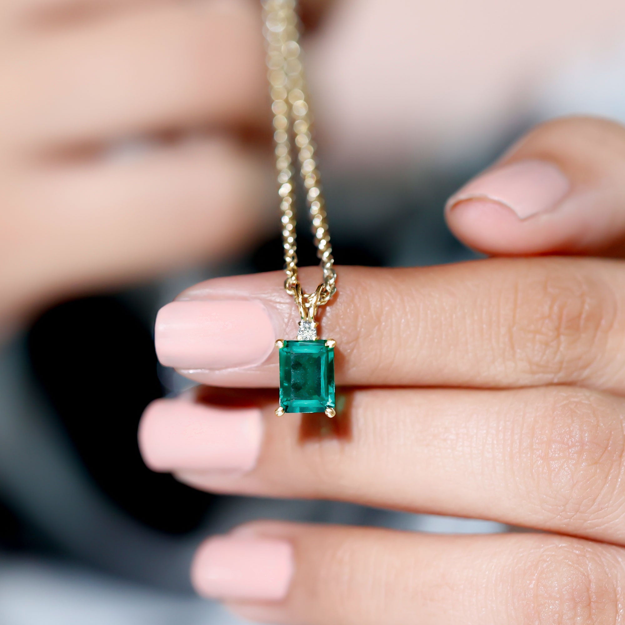 1.6 Carat Emerald Cut Lab Created Emerald Solitaire Necklace with Diamond AAAA - Rosec Jewels