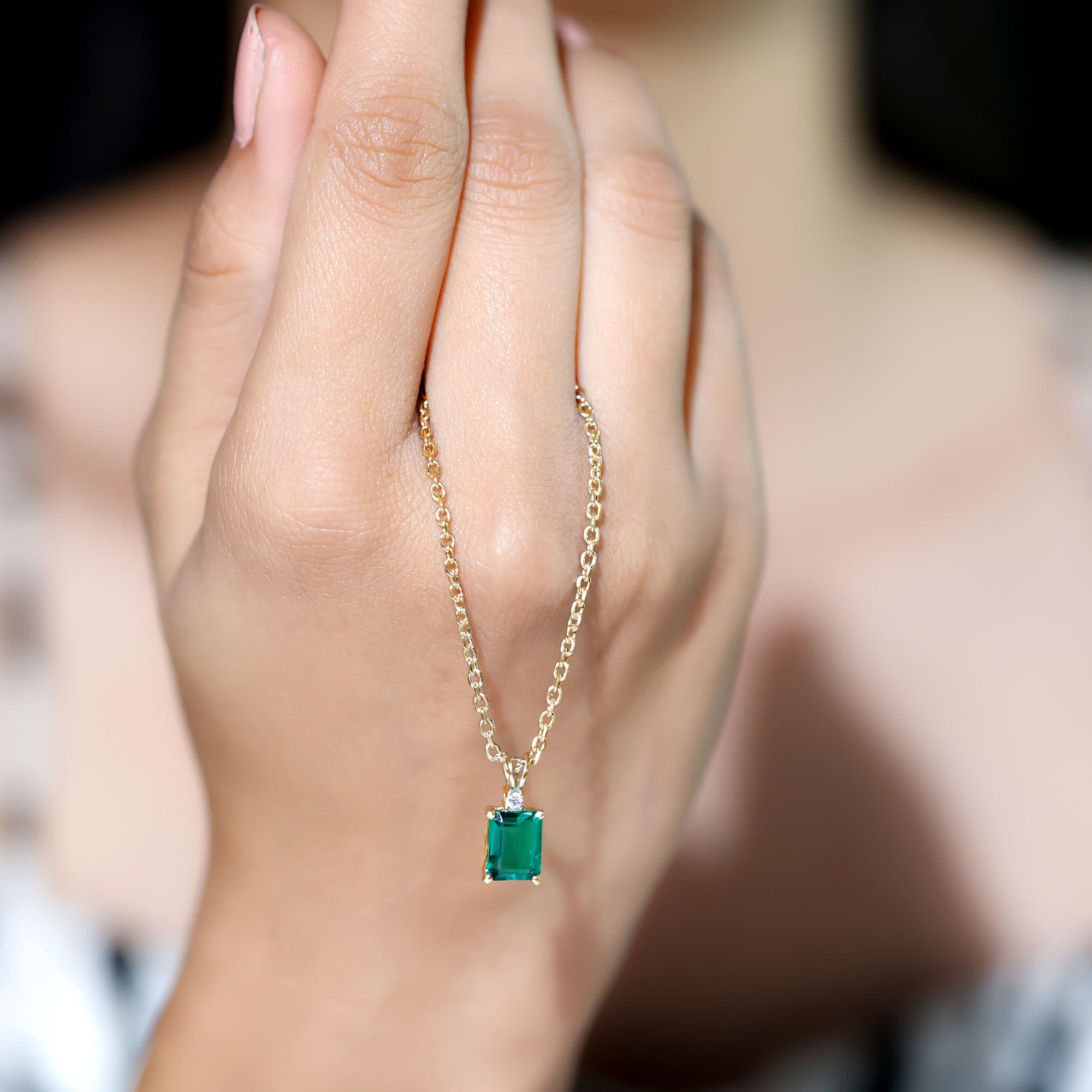 1.6 Carat Emerald Cut Lab Created Emerald Solitaire Necklace with Diamond AAAA - Rosec Jewels