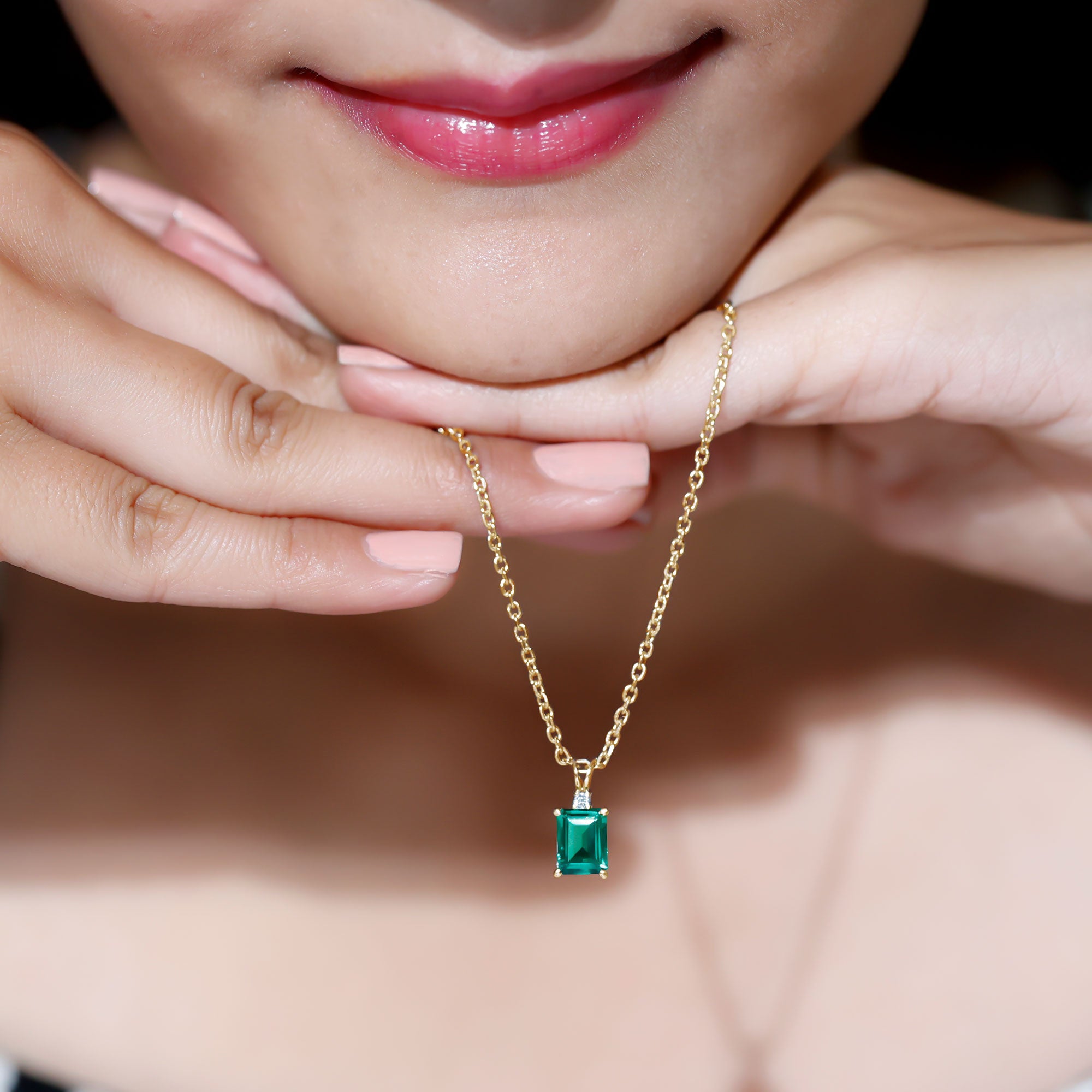 1.6 Carat Emerald Cut Lab Created Emerald Solitaire Necklace with Diamond AAAA - Rosec Jewels
