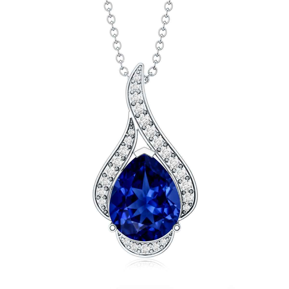 Classic Lab Grown Blue Sapphire Pendant Necklace With Diamond AAAA - Rosec Jewels