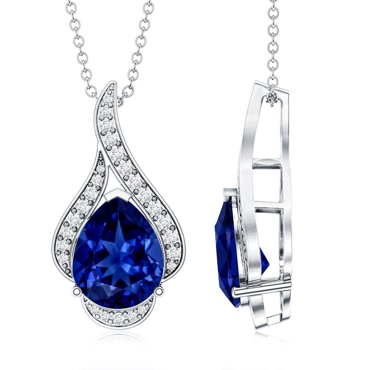 Classic Lab Grown Blue Sapphire Pendant Necklace With Diamond AAAA - Rosec Jewels