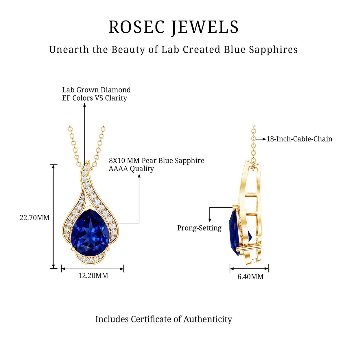 Classic Lab Grown Blue Sapphire Pendant Necklace With Diamond AAAA - Rosec Jewels