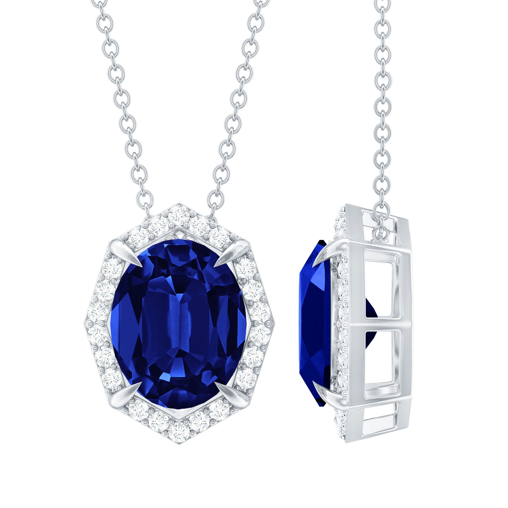 Lab Grown Blue Sapphire Art Deco Pendant Necklace with Diamond Halo