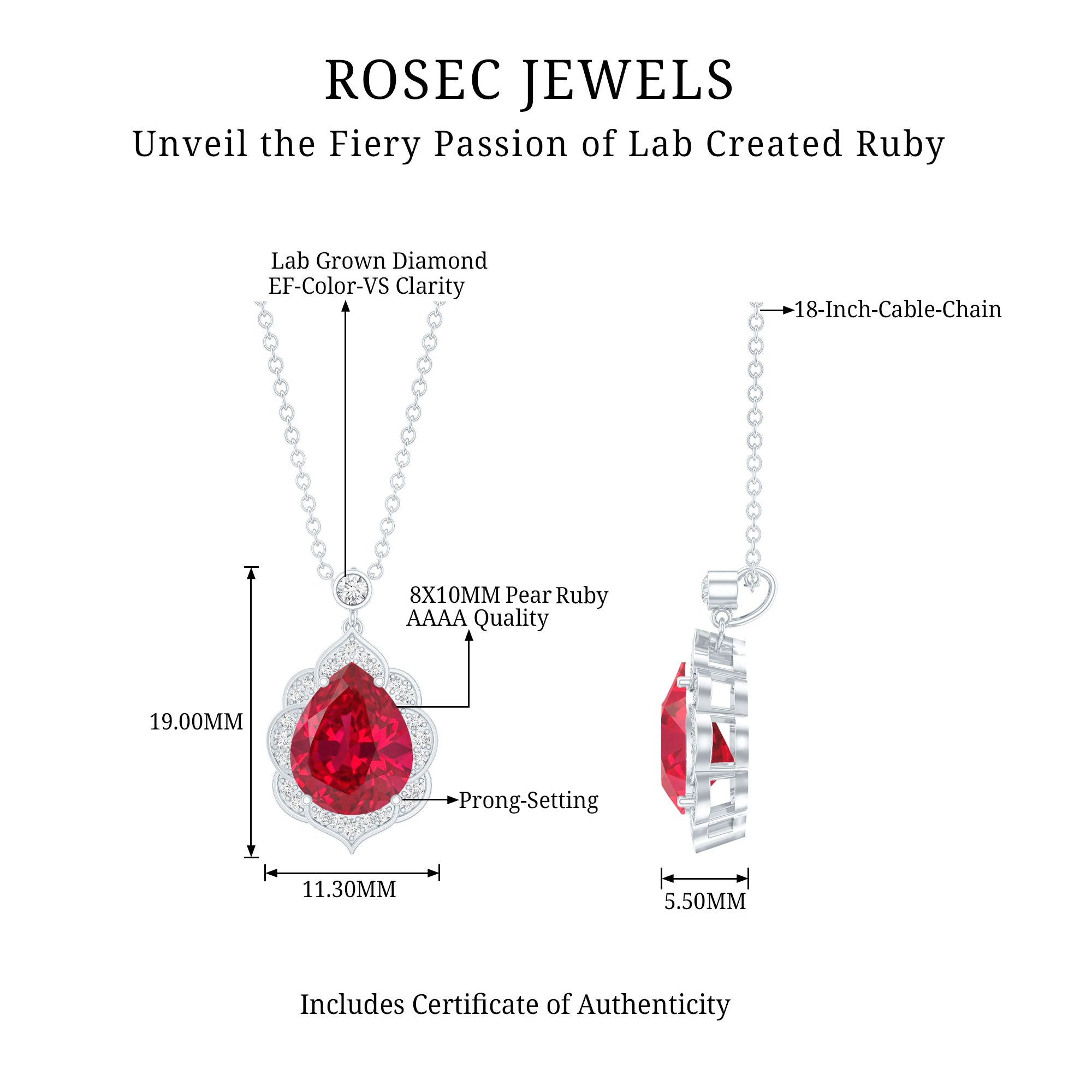 Certified Lab Grown Ruby Vintage Inspired Necklace with Diamond Halo AAAA - Rosec Jewels